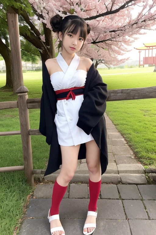 ((masterpiece,highest quality)),Outdoor, Red Torii Gate, wood,  stage,, Two Girls, Miko,Miko, View your viewers, Recall,, Red legwear, red ribbon, Black Hair,cherry blossoms, Day, flower, Hair Bun, hair ribbon, kimono, kimono, Long Hair, Cat ear, small flowerultiple Girls,  Red eyes, Redhead, ribbon, Sandals, single Hair Bun, Are standing,clog Sandals,white kimono, Yellow Eyes,Shine,Knee socks,