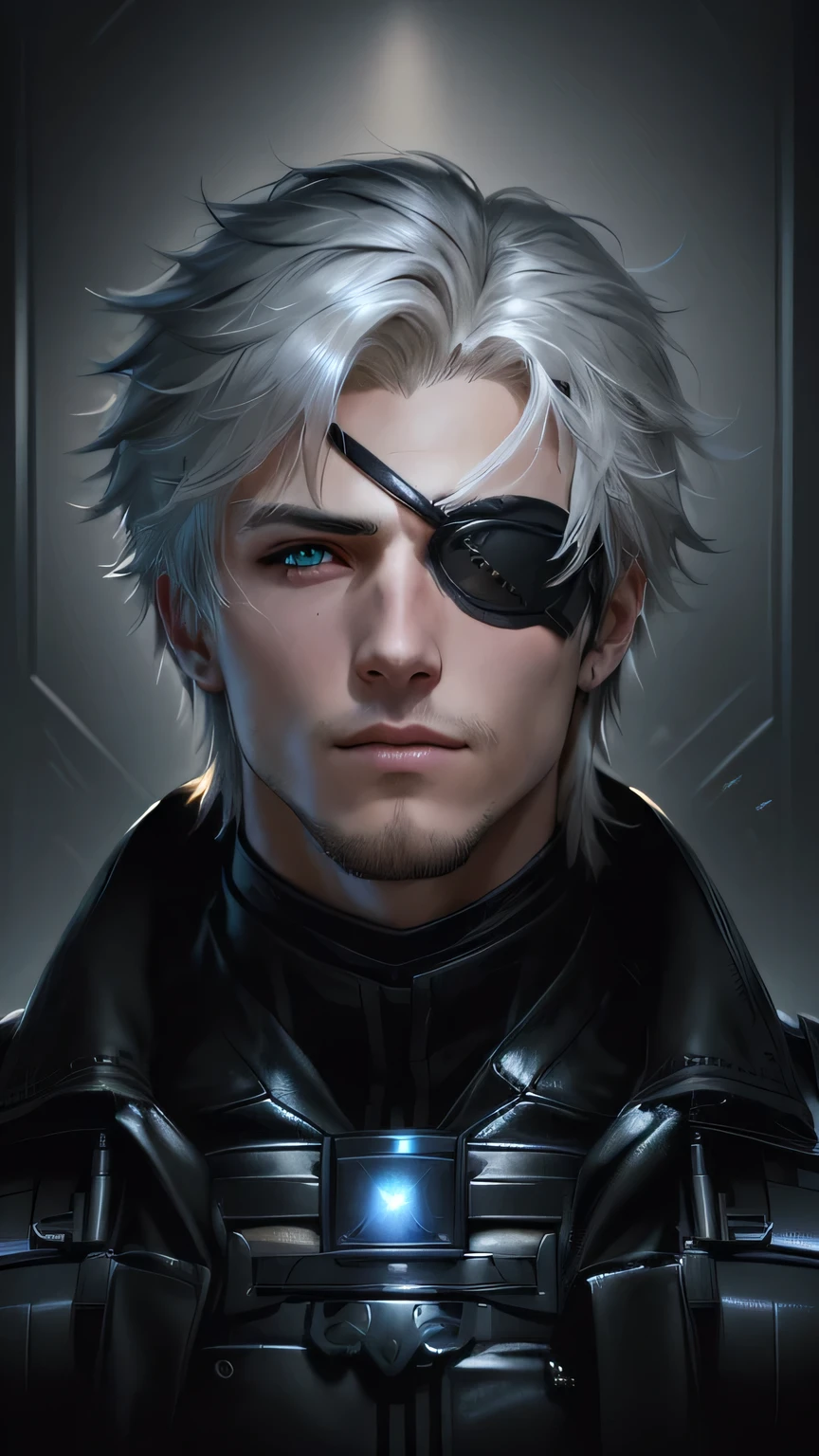 close-up of a man with a black eye and wearing a black jacket, son of Sparda, black eye patch, he wears an eye patch, eye patch, portrait of thancred, detailed drawing of an anime character, male anime character, Tancred Waters wlop style, Raiden metal gear, Cool anime 8K, Murata and Artgerm range