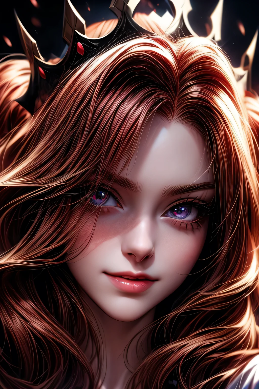 Blood-eyed Princess of Darkness, Redhead, Crown, Wicked Smile, Anime Style, Lens flare, Attention to detail, First Person View, Cinema Lighting, masterpiece, Super Detail, highest quality, 8k, Ultra-high resolution, ((Face close-up))