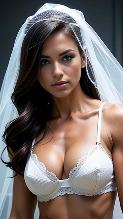 best quality,ultra-detailed,realistic, beautiful model fitness, ifbb woman, white lingerie, wedding veil