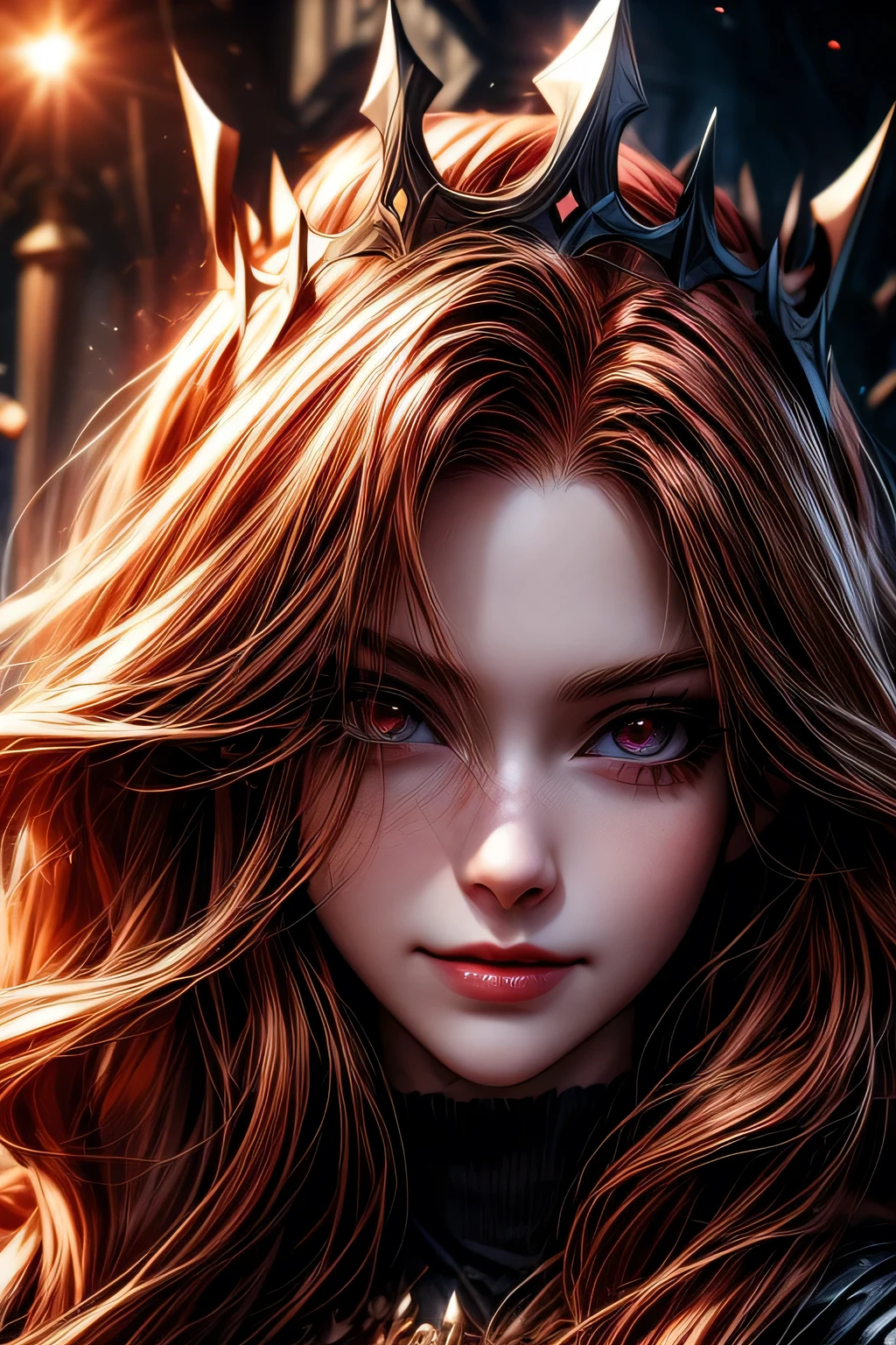 Blood-eyed Princess of Darkness, Redhead, Crown, Wicked Smile, Anime Style, Lens flare, Attention to detail, First Person View, Cinema Lighting, masterpiece, Super Detail, highest quality, 8k, Ultra-high resolution, ((Face close-up))