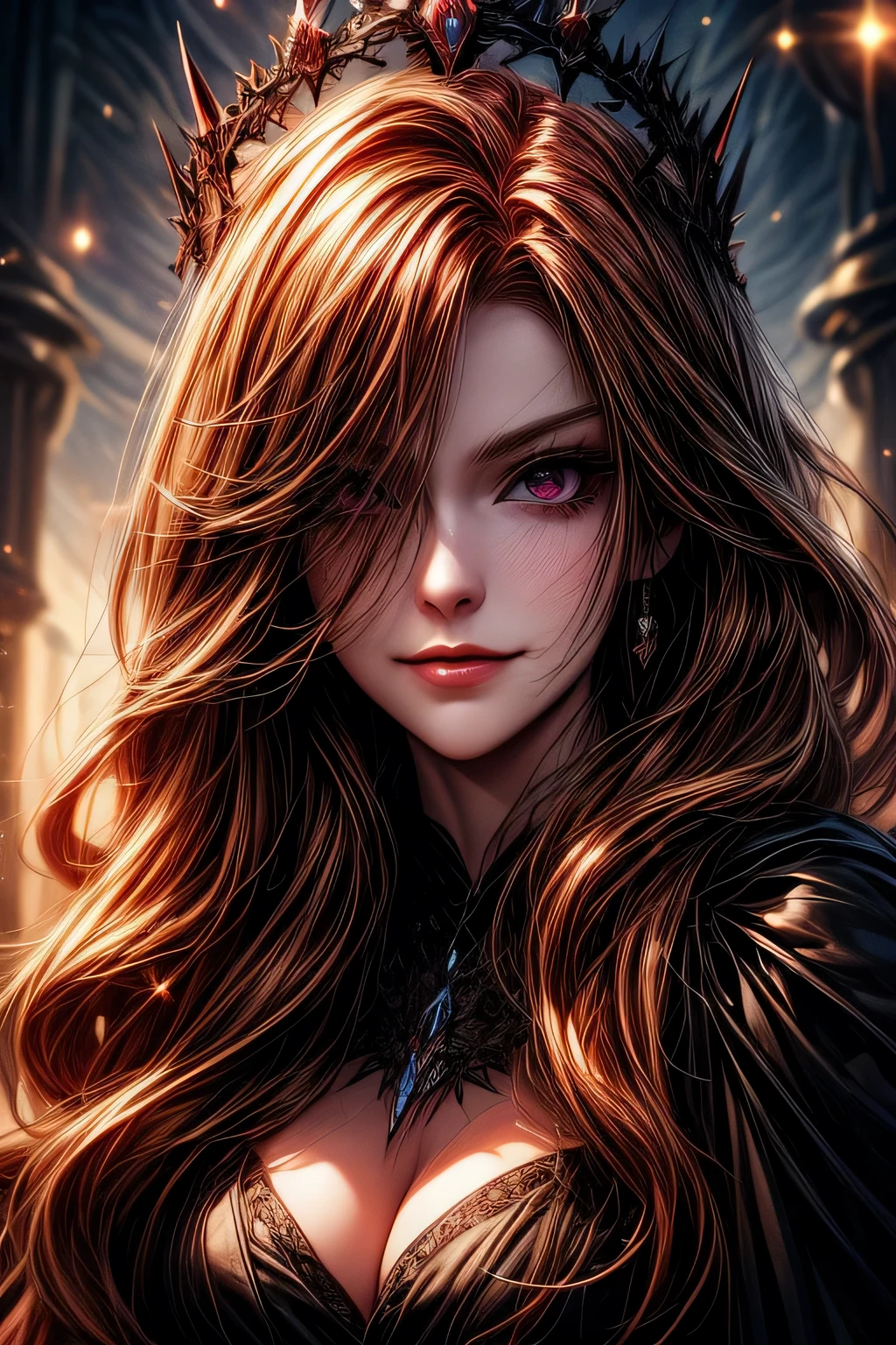 Blood-eyed Princess of Darkness, Redhead, Crown, Wicked Smile, Anime Style, Lens flare, Attention to detail, First Person View, Cinema Lighting, masterpiece, Super Detail, highest quality, 8k, Ultra-high resolution, ((Face close-up))
