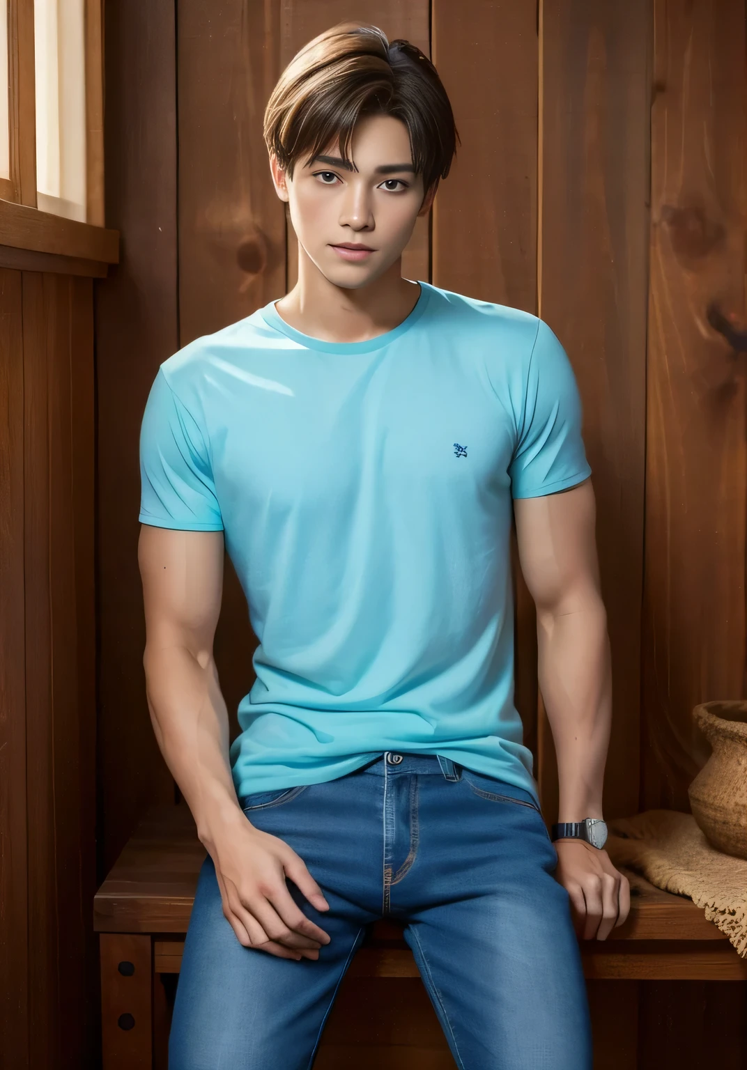 Handsome, , mestizo, best picture quality, higher quality, high detail, ultra-high resolution, 8k resolution, delicate facial features, boy, muscles, glowing eyes, short hair, hair details, legs apart [[look away, look to the side , Topless, ((((crotch bulge))))), real men, real human, jeans, sit down, skinny