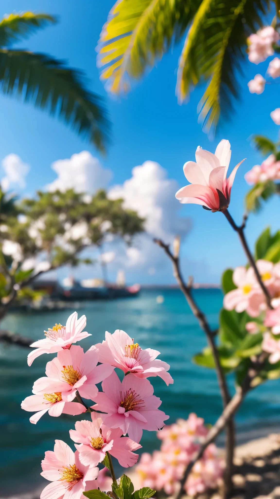 city, Flowers, A delicate scene, null, White cloud, The sun shines on the white beach. bird, pink Flowers and bright big shells, Diamond Crystal, At the Beach, Fantasy, night null, moon, cigarette, fire, photograph, High resolution, 8k, UHigh resolution, Super Detail, high quality, 1080p