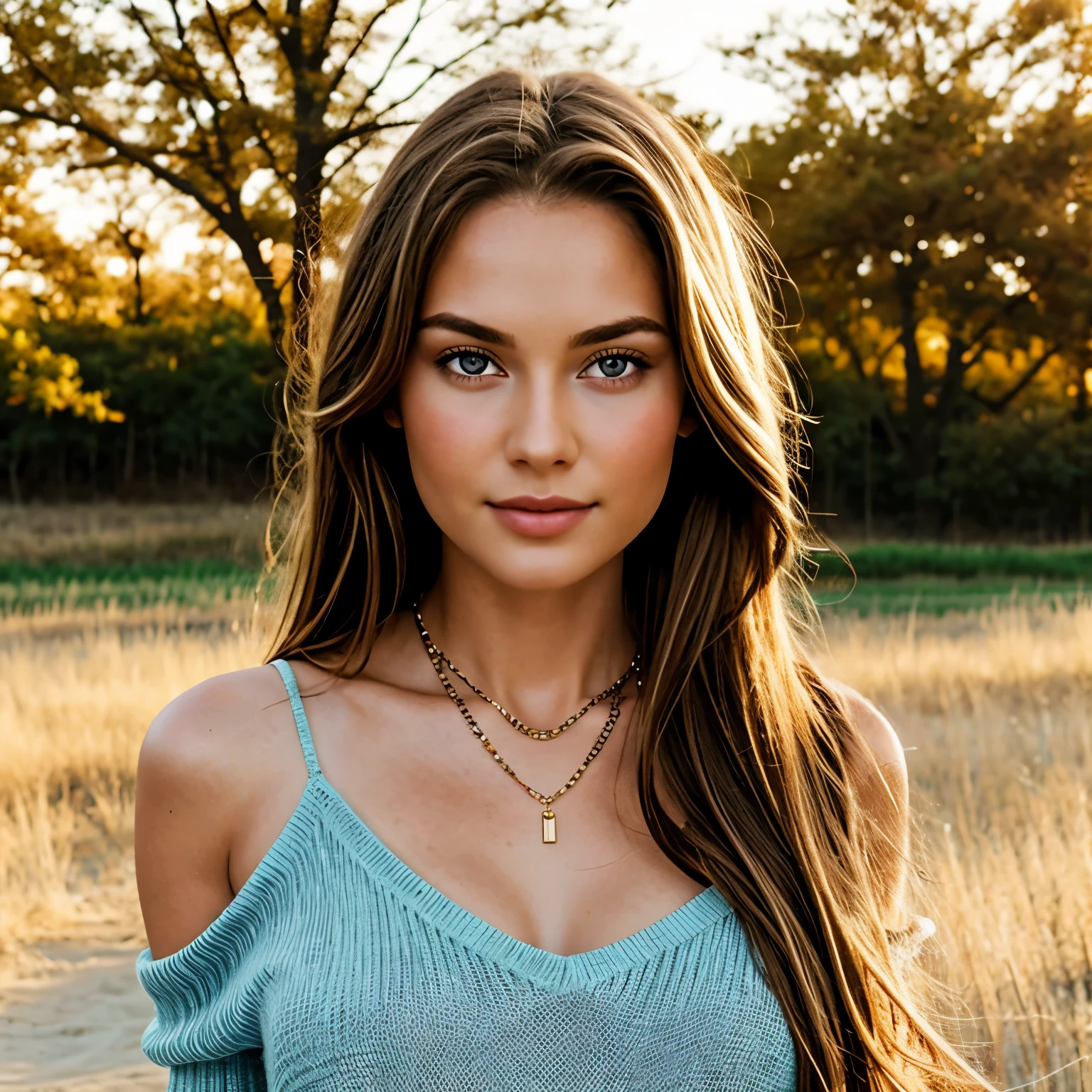 1girl in, age18, Solo, Long hair, Colossal , Looking at Viewer, brown hair, Bare shoulders, Blue eyes, jewelry, Full body, a necklace, off shoulders, Sweaters, Realistic, A sexy