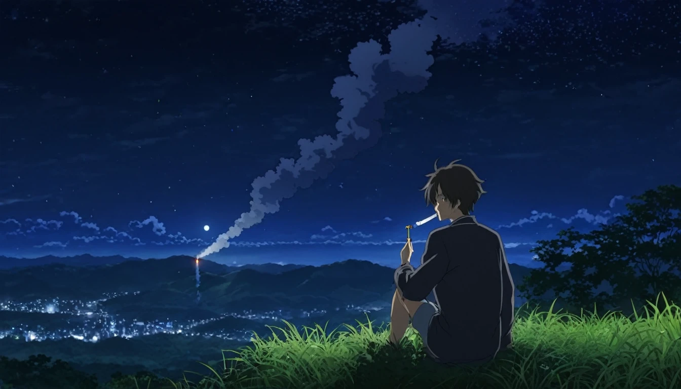 I want a anime character who smoking in night peaceful place with 4k quality