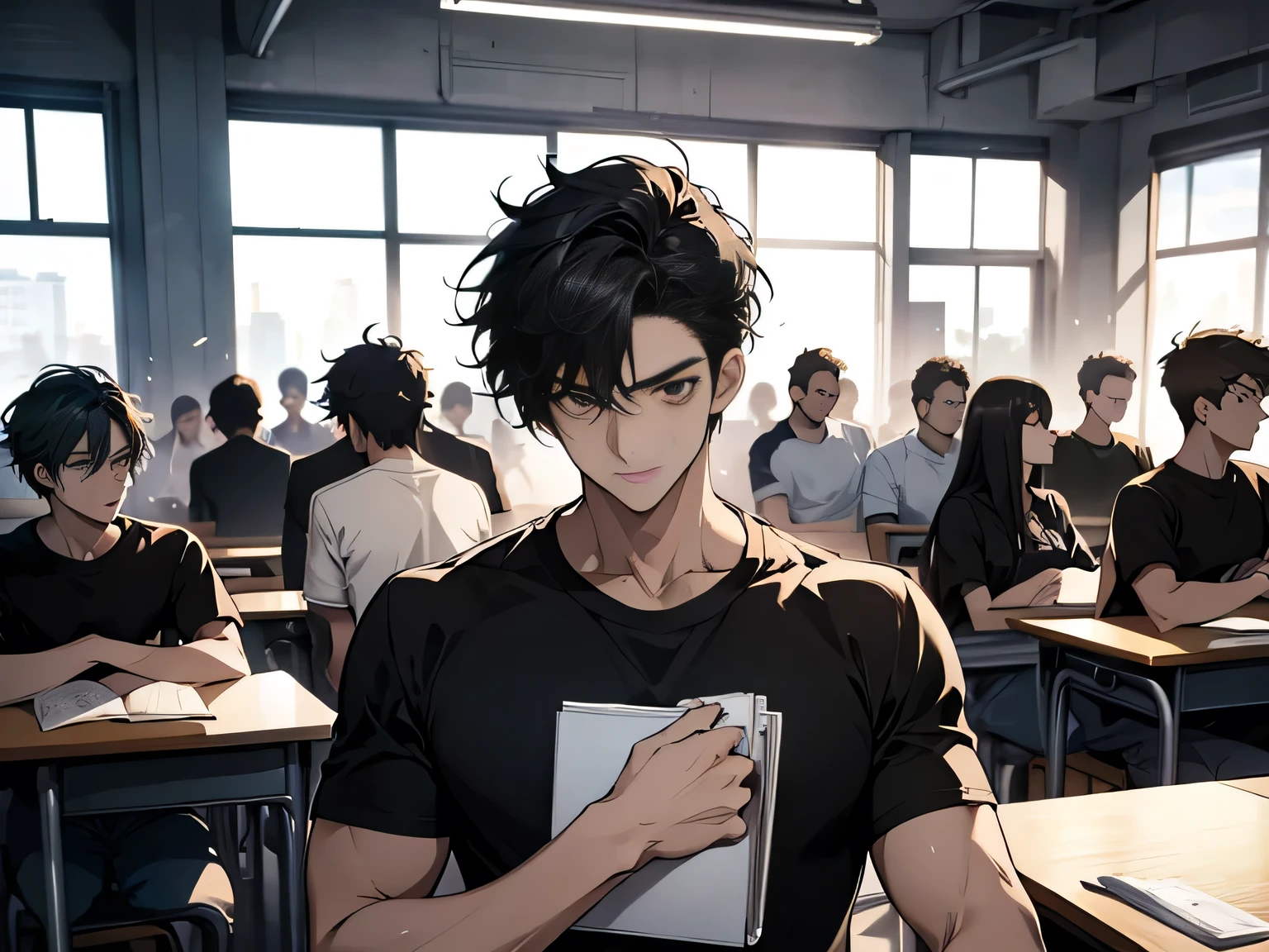 A group of students sitting and studying in the classroom，Group of 2，（Huge crowds of people:1.5），（male，Black T-shirt，Black short hair，Thinking about something or looking blank:1.5），Anime style4 K，animation rendering，Anime style。8k，Handsome anime side face，（Upper body display:1.8），（Movie Lighting:1.5），（Masterpiece：1.4），（Ultra-high detail:1.5），（Best quality:1.5), There are students of different grades present, But there are exceptions，(male:1.5)