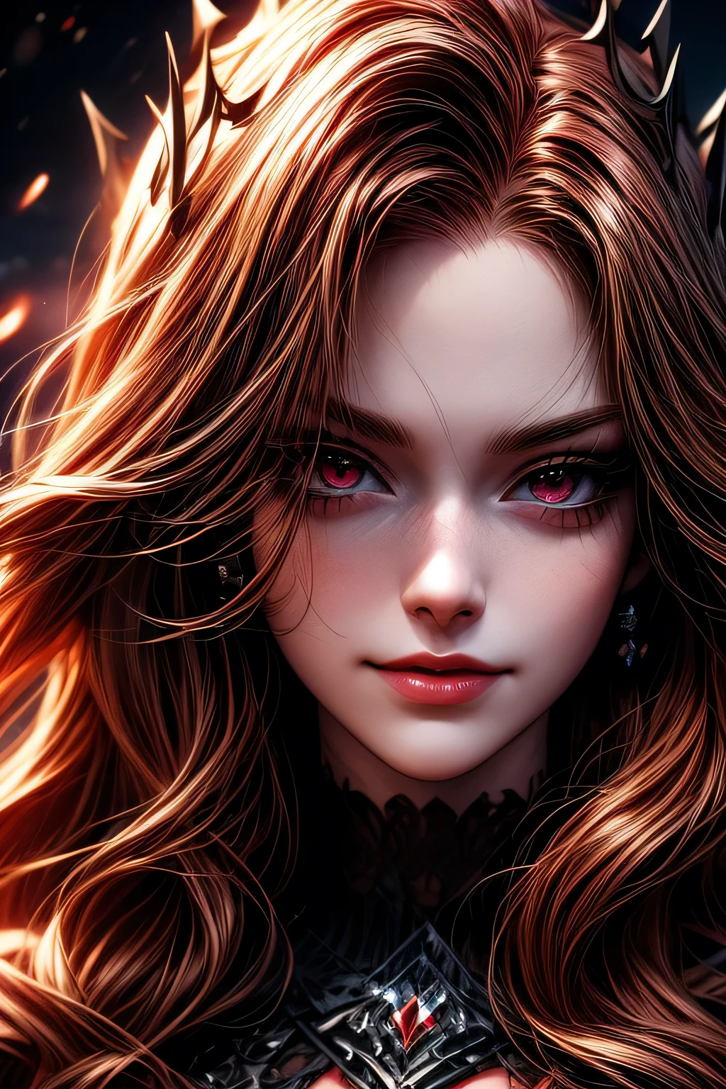Blood-eyed Princess of Darkness, Redhead, Crown, Wicked Smile, Anime Style, Lens flare, Attention to detail, First Person View, Cinema Lighting, masterpiece, Super Detail, highest quality, 8k, Ultra-high resolution, ((Face close-up))