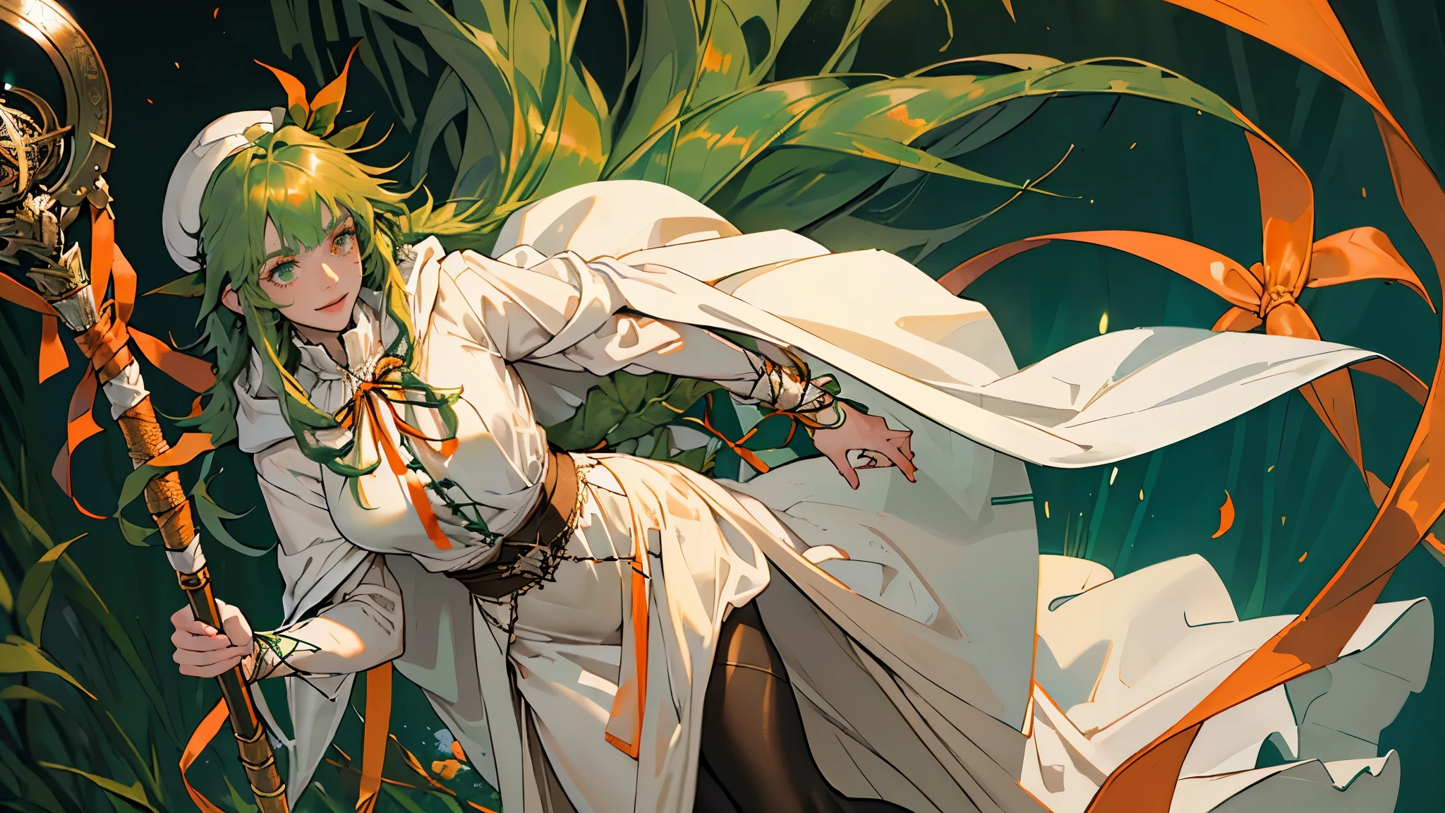 masterpiece, ultra detailed, 8K Portrait, Raw photo, a portrait photo of, Highly detailed face, beautiful and meticulous eyes, ((Fantasy)), Young beautiful, 22 years old, smile, dynamic pose, (Long Straight deep green hair:1.5), (One side is woven with orange ribbon:1.5), blunt bangs, beret, White skin color, Luxury, hooded (white silk long cloak:1.5) fluttering in the wind, (dark brown dressed shirt), (maxi skirt:1.2), (dark thigh high tights:1.5), high cut leather boots, (((lift up long magical staff))), ((equip a pocket watch)), Body model, Small breasts, Beautiful breasts, Long legs, morning Sun, Hyper realistic, in a castle, Ambient lighting, Shadow details, strong breeze, Light fog