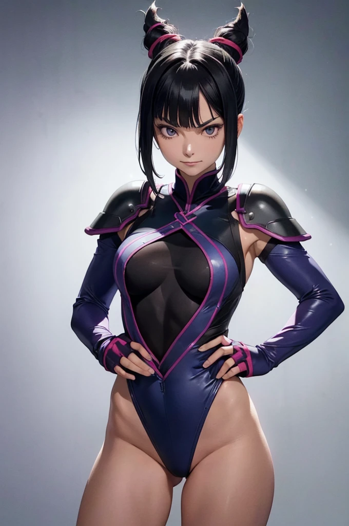 juri han,solo, masterpiece, best quality, agrias, grey sweater, black leotard, standing, looking at viewer, short hair,oculos,evil smile, evil look, juri han,luvas preta,roupa azul,yandere rosto,low lighting,coxa sarada copo detalhado,olhando para frente