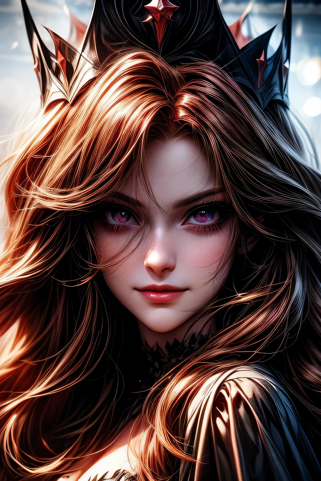 Blood-eyed Princess of Darkness, Redhead, Crown, Wicked Smile, Anime Style, Lens flare, Attention to detail, First Person View, Cinema Lighting, masterpiece, Super Detail, highest quality, 8k, Ultra-high resolution, ((Face close-up))