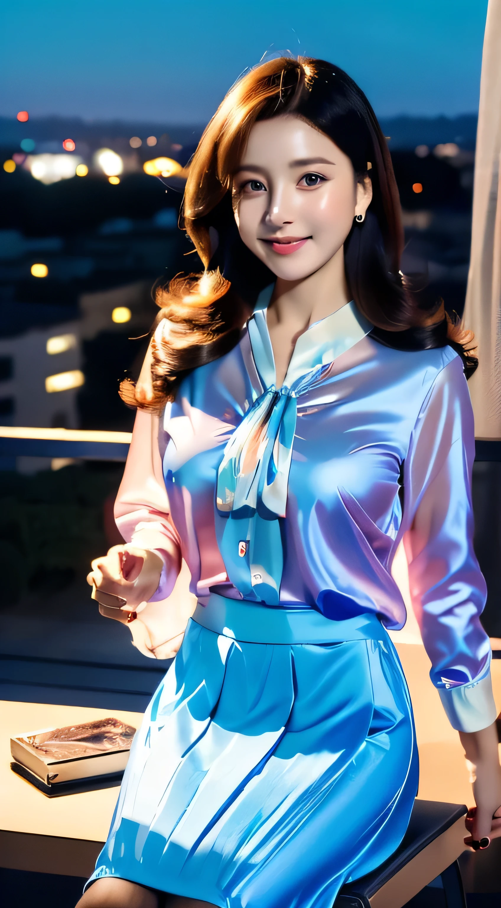 Ulzzang-6500-v1.1, Beautiful details, (Genuine: 1.4), Very detailedな目と顔, Beautiful and fine details, Standing in the office、(Ultra-realistic pantyhose、High heels)、Stand with your legs crossed、Large file size, High resolution, Very detailed, highest quality, [masterpiece:1.6], Awareness-raising, Very detailed, Hmph, In detail, highest quality, 8k wallpaper, Cinema Lighting, One mature woman, 43 years old, Perfect figure, Cute droopy eyes,Beautiful big eyes、Pieck Finger, ((Tabletop)), highest quality, One mature woman, eye shadow, Portraiture, ((Full Body Shot:1.4))、(A very loving smile:1.2)、((brown super long hair:1.2))((Loosely wavy hair:1.3))((((Blouses and skirts, Wearing a light blue silk blouse, white mini pleated skirt:1.3)), ((sitting on a chair, night view terrace background:1.3)),close her eyes Furrow her brows with pleasure