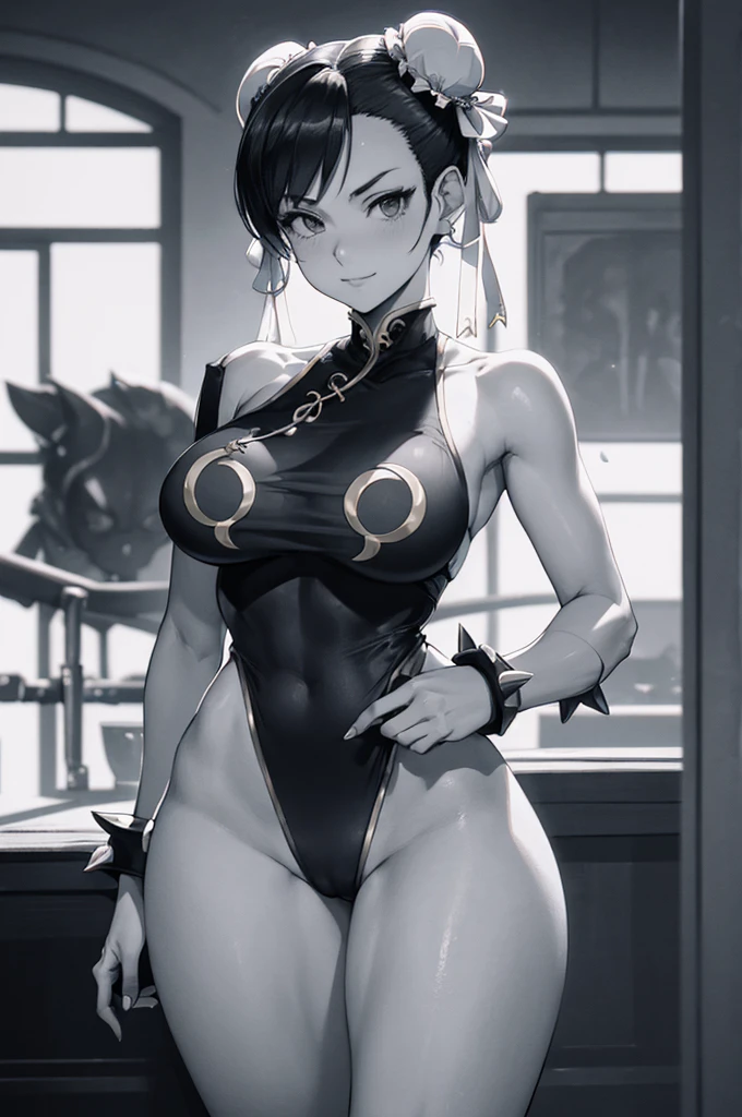 chun li solo, masterpiece, best quality, agrias, grey sweater, black leotard, standing, looking at viewer, short hair,oculos,evil smile, evil look, ,luvas preta,roupa azul,yandere rosto,low lighting,coxa sarada copo detalhado,olhando para frente