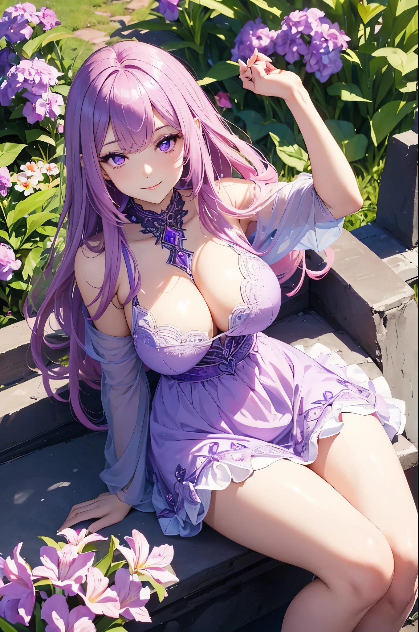 1girl (masterpiece, round_iris, extremely crisp crystalline shiny purple eyes, perfect_anatomy, extremely_captivating_hypnotic_mystic_eyes, ) perfect face, long pink hair, smiling evil, big breasts, short dress, sitting in the garden, flowers, sunny, best quality, 4k