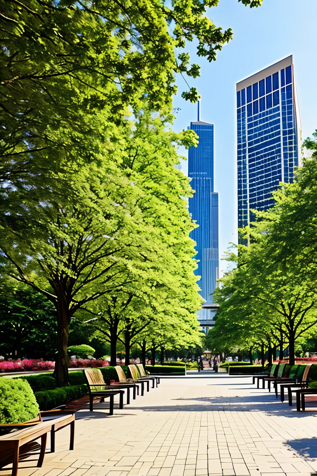 Amidst the bustling heart of the city, a central city park unfolds, where the smooth sidewalk runs uninterrupted, devoid of columns. Here, on the edge of the immaculate pavement, flowering trees burst with life, scattering petals in the gentle breeze. Seated amongst these blossoms are quintessential benches, inviting visitors to rest and revel in the serenity of the scene.

In the park's very core, a magnificent fountain springs forth, its waters shimmering in the sunlight, forming a mesmerizing dance of reflections. The tranquil atmosphere is juxtaposed by the backdrop of high-rise residential blocks