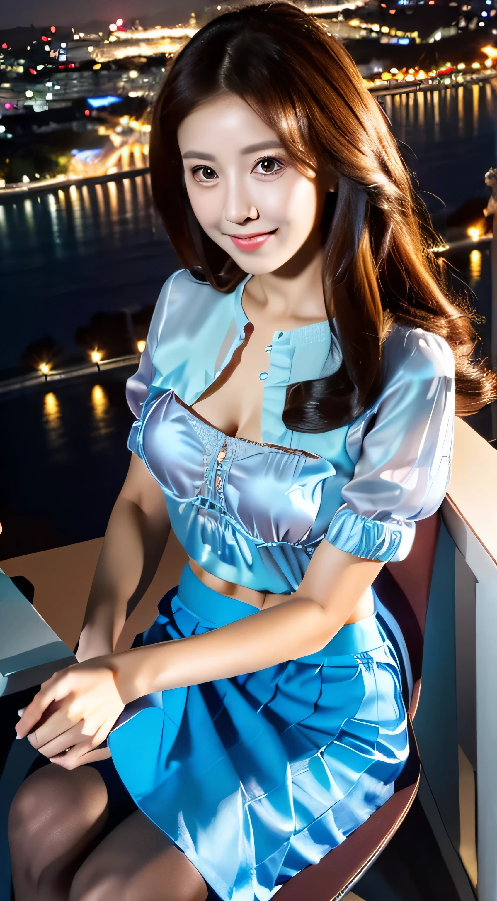 Ulzzang-6500-v1.1, Beautiful details, (Genuine: 1.4), Very detailedな目と顔, Beautiful and fine details, Standing in the office、(Ultra-realistic pantyhose、High heels)、Stand with your legs crossed、Large file size, High resolution, Very detailed, highest quality, [masterpiece:1.6], Awareness-raising, Very detailed, Hmph, In detail, highest quality, 8k wallpaper, Cinema Lighting, One mature woman, 43 years old, Perfect figure, Cute droopy eyes,Beautiful big eyes、Pieck Finger, ((Tabletop)), highest quality, One mature woman, eye shadow, Portraiture, ((Full Body Shot:1.4))、(A very loving smile:1.2)、((brown super long hair:1.2))((Loosely wavy hair:1.3))((((Blouses and skirts, Wearing a light blue silk blouse, white mini pleated skirt:1.3)), ((sitting on a chair, night view terrace background:1.3)),((From an oblique angle above:1.5)),
