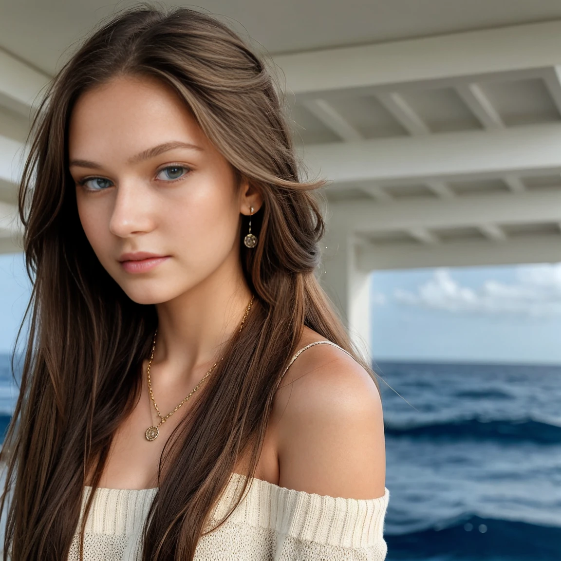 1girl in, age18, Solo, Long hair, Colossal , Looking at Viewer, brown hair, Bare shoulders, deep ocean blue eyes, Bitcoin jewelry, Full body, a necklace, off shoulders, Sweaters, Realistic, A sexy