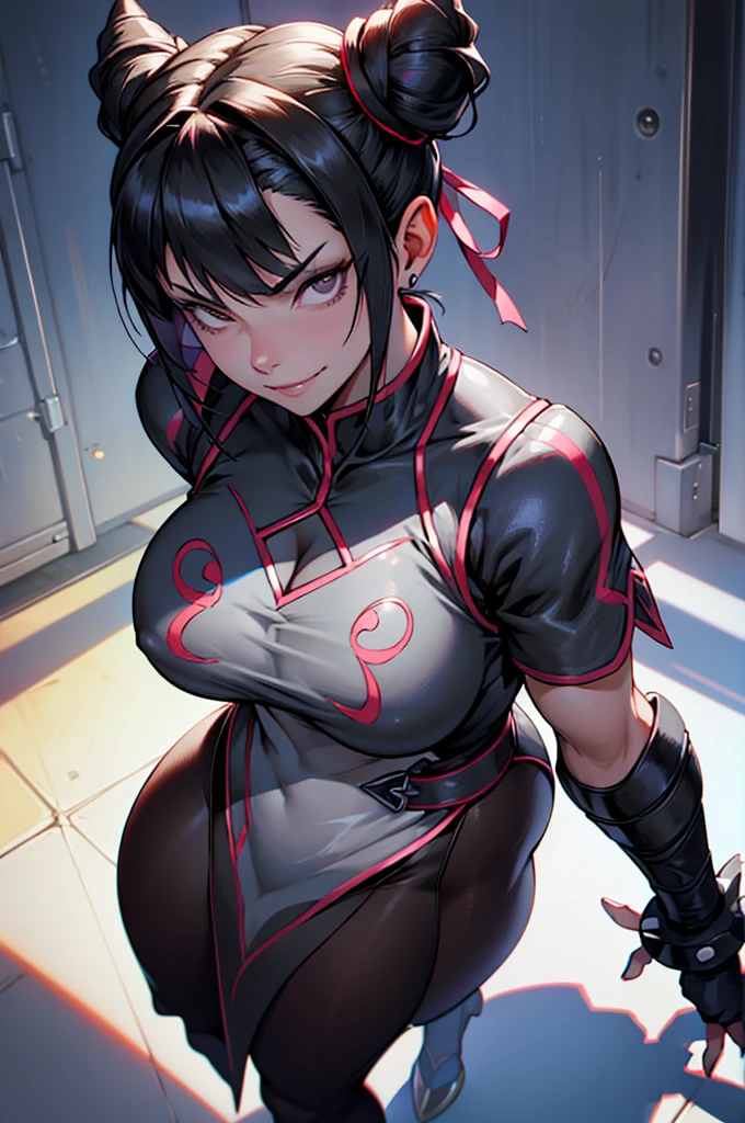 solo, masterpiece, best quality, agrias, grey sweater, black leotard, standing, looking at viewer, short hair,oculos,evil smile, evil look, juri han,luvas preta,roupa azul,yandere rosto,low lighting,coxa sarada copo detalhado,olhando para frente