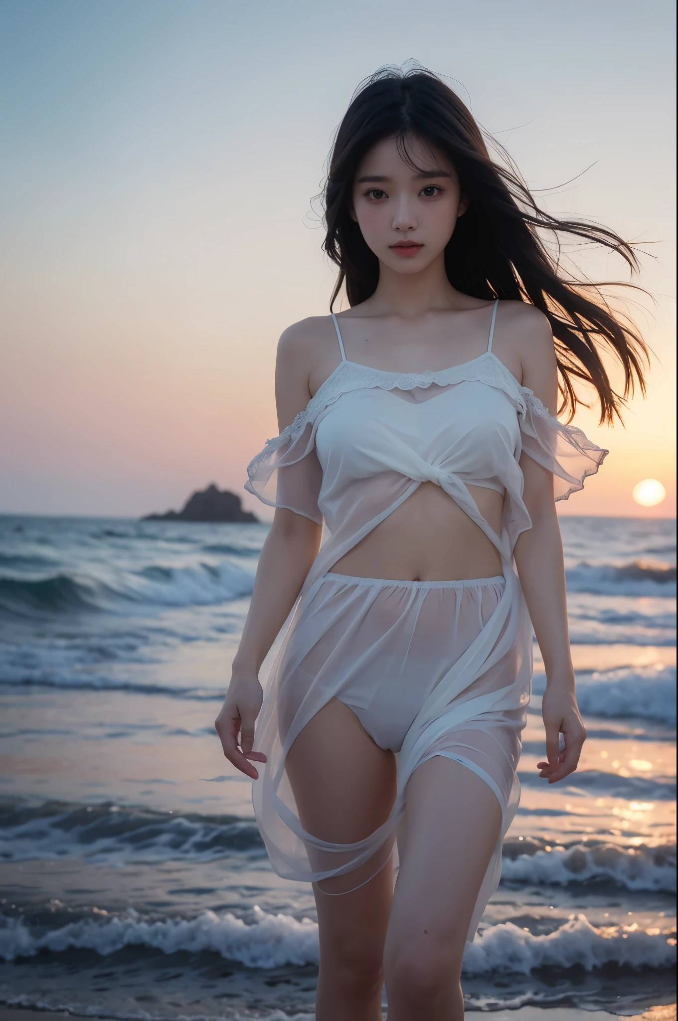 low light dark pastel tones, The is very detailed,(Clear face)，(Beautiful eyes)，Look at the audience，great quality, reflecting,(Girl running on the beach, Long black hair flying, gauze pajamaeautiful sunset on the beach, Dark 80s dystopia《bladerunner》styled, dynamic scene, hyper HD, tmasterpiece,