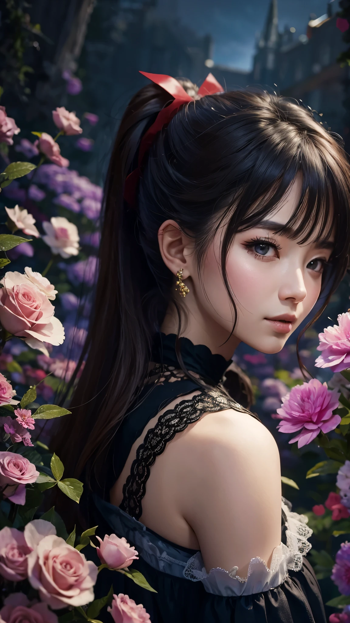 ((top quality, 8 thousand, masterpiece:1.3)), Korean woman in her 20s, black open shoulder dress, ponytail, Very beautiful, old castle, (Giant: 1.1), garden, flowers are in full bloom, pink rose