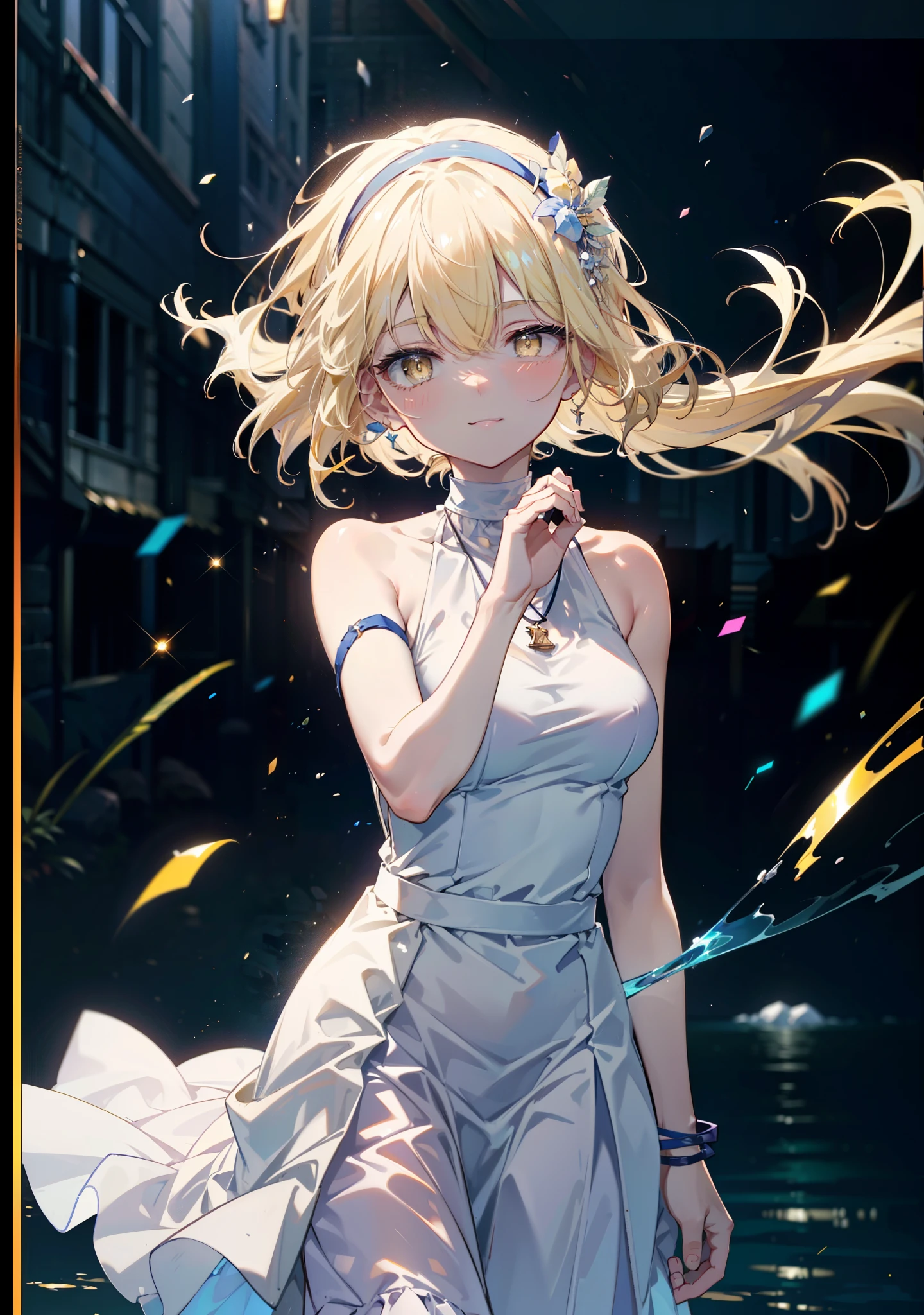 アイスWallenstein, Wallenstein, blonde, Hair between the eyes, hair band, Long Hair, (Yellow Eyes:1.5),happy smile, smile, Close your mouth,smile,blush,White sleeveless dress,Bare arms,Bare neck,Heart Pendant,Long skirt,Cute Sandals,Clear skies,歩いてるbreak looking at viewer,(Cowboy Shot:1. 5) break outdoors,Building district,In town, break (masterpiece:1.2), highest quality, High resolution, unity 8k wallpaper, (shape:0.8), (Beautiful and beautiful eyes:1.6), Highly detailed face, Perfect lighting, Highly detailed CG, (Perfect hands, Perfect Anatomy),