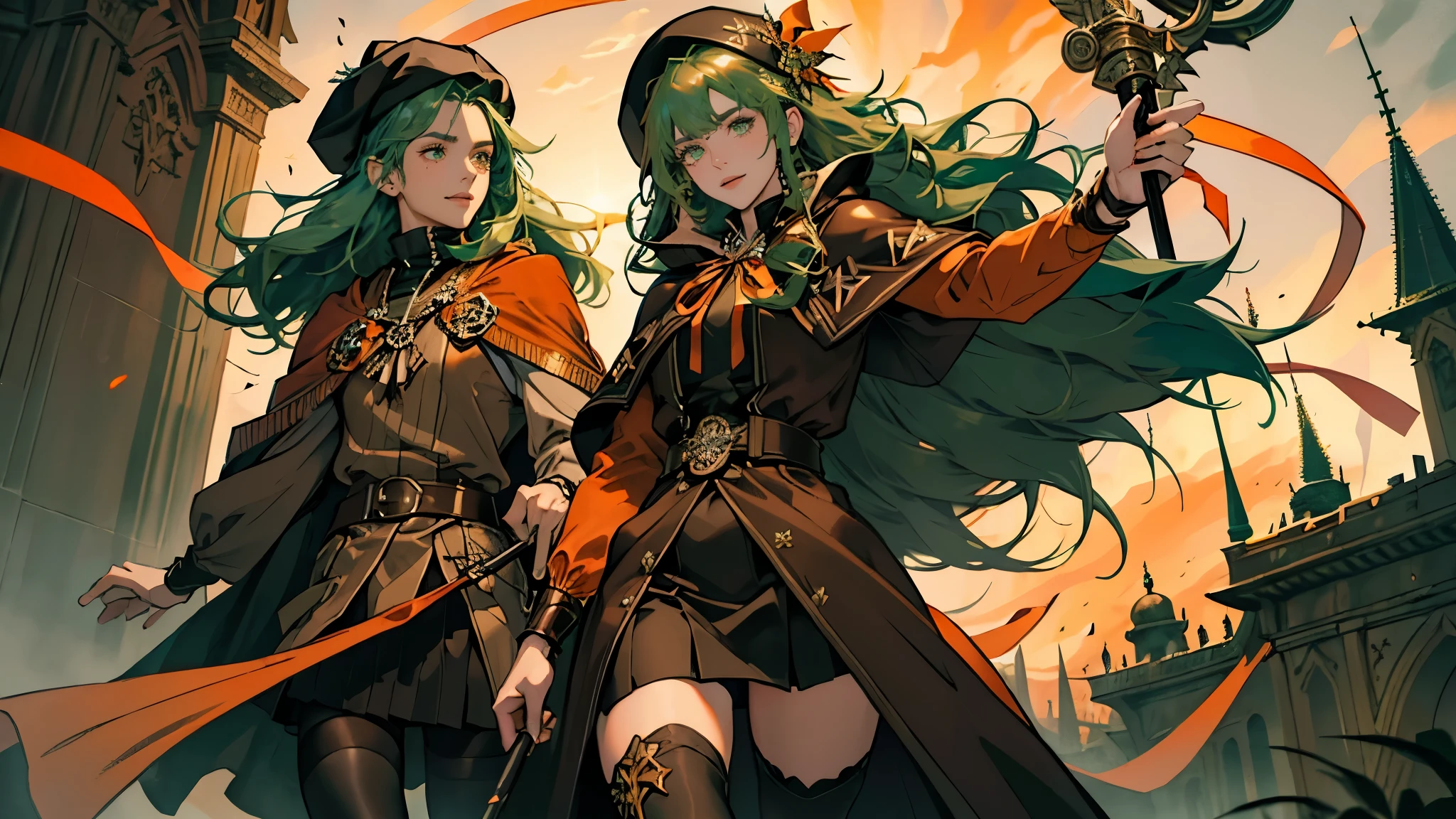 masterpiece, ultra detailed, 8K Portrait, Raw photo, a portrait photo of, Highly detailed face, beautiful and meticulous eyes, ((Fantasy)), Young beautiful, 22 years old, smile, dynamic pose, (Long Straight deep green hair:1.5), (One side is woven with orange ribbon:1.5), blunt bangs, (beret:1/5), White skin color, Luxury, hooded (dark brown silk long cloak:1.5) fluttering in the wind, (dark brown dressed shirt), (maxi skirt:1.2), (dark thigh high tights:1.5), high cut leather boots, (lift up long magical staff/1.2), ((equip a pocket watch)), Body model, Small breasts, Beautiful breasts, Long legs, morning Sun, Hyper realistic, in a castle, Ambient lighting, Shadow details, strong breeze, Light fog