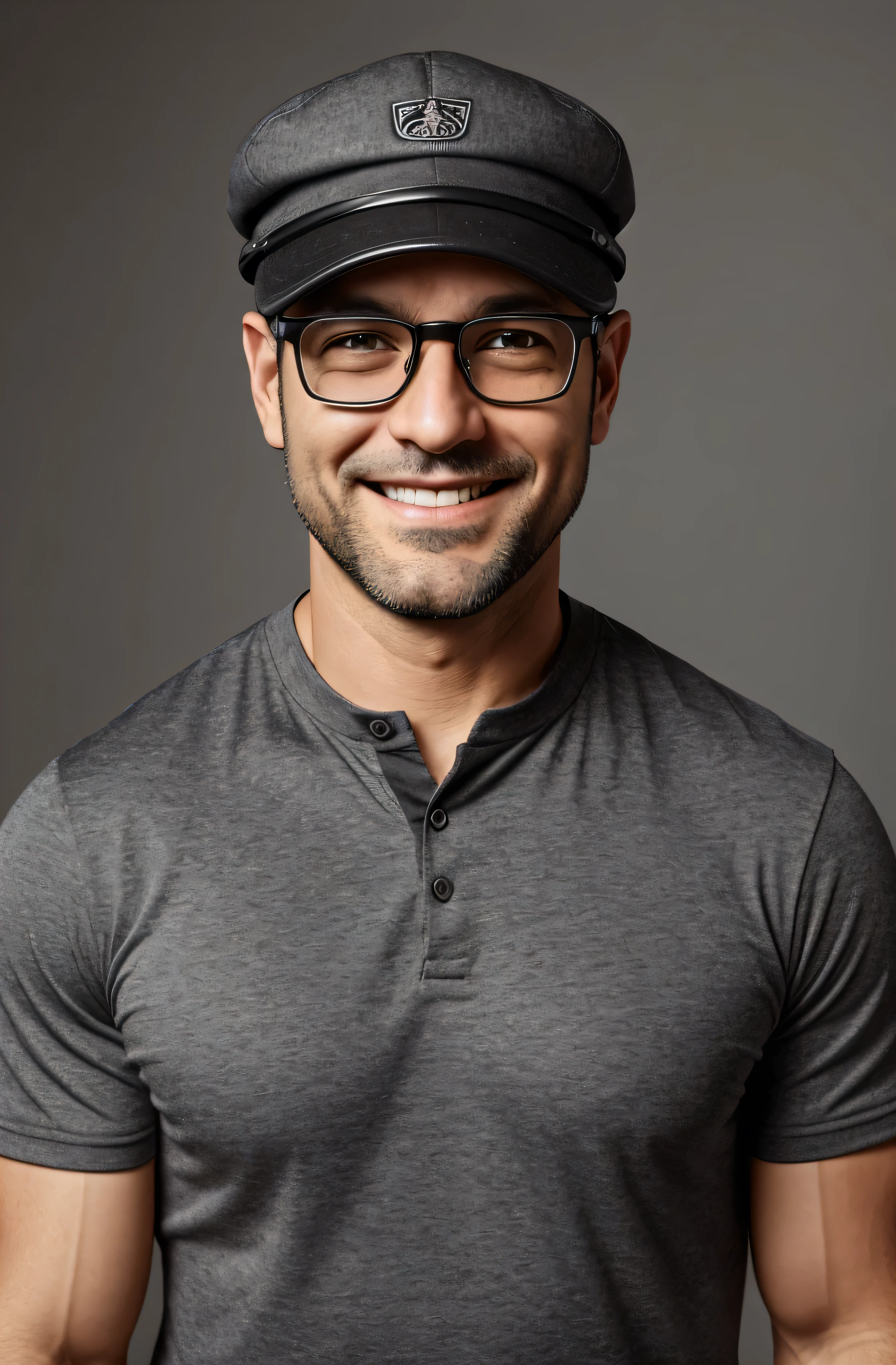 generates a 36 year old man, gray hair, big black eyes, big nose, wearing a cap, smiling, no beard, just a profile picture, a lot of friendliness on his face, wearing glasses, realistic image, 8k