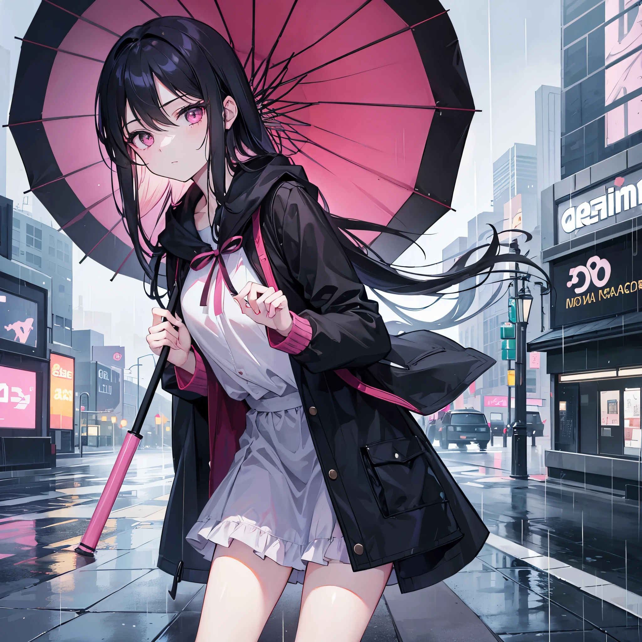 Main Subject: 1 girl only, mature, moderately sized chest, long black hair, slim face, pink eyes, normal clothes, black coat, umbrella, charming, cute face, cute look. Subject Position: standing, looking at camera, holding an umbrella. Setting: modern city, morning sky, bright sky, raining, raindrops. High contrast, sharp light, clear image.