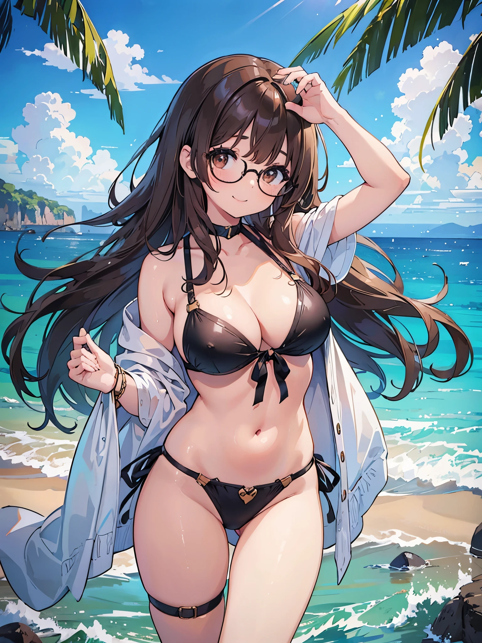 1 Female、Brown hair、Brown Eyes、Best Quality、Super detailed、8 Resolution、Raw photo、Mastepiece、Perfect Body、high resolution、highest quality、Detailed drawing、Vibrant colors、lure、smile、Long Hair、Black-rimmed glasses、Big Breasts、bikini、Ocean