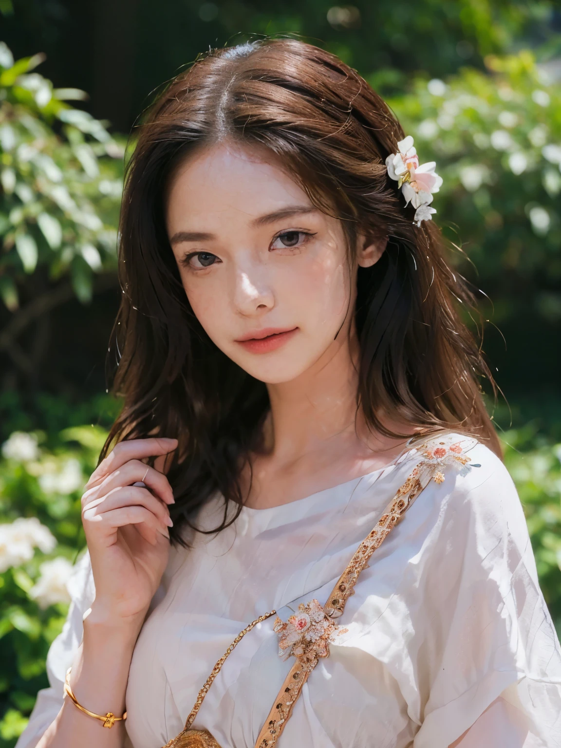 
Close-up of woman with flowers in her hair, beautiful south korean women,หญิงKorean girlที่งดงาม, Korean girl, ใบหน้าKorean girlที่น่ารัก, Thai dress, Riverside, ((Hair pins)), ยืนalone, Flower behind the ear, including ponytail, ((alone)), Lightly sexy, Sunshade hand