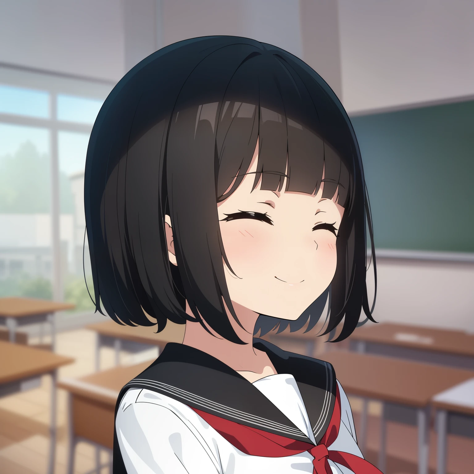 high quality, masterpiece. closed eyes. smile. short dark hair. . against the backdrop of a school classroom. Desks. green board. window.