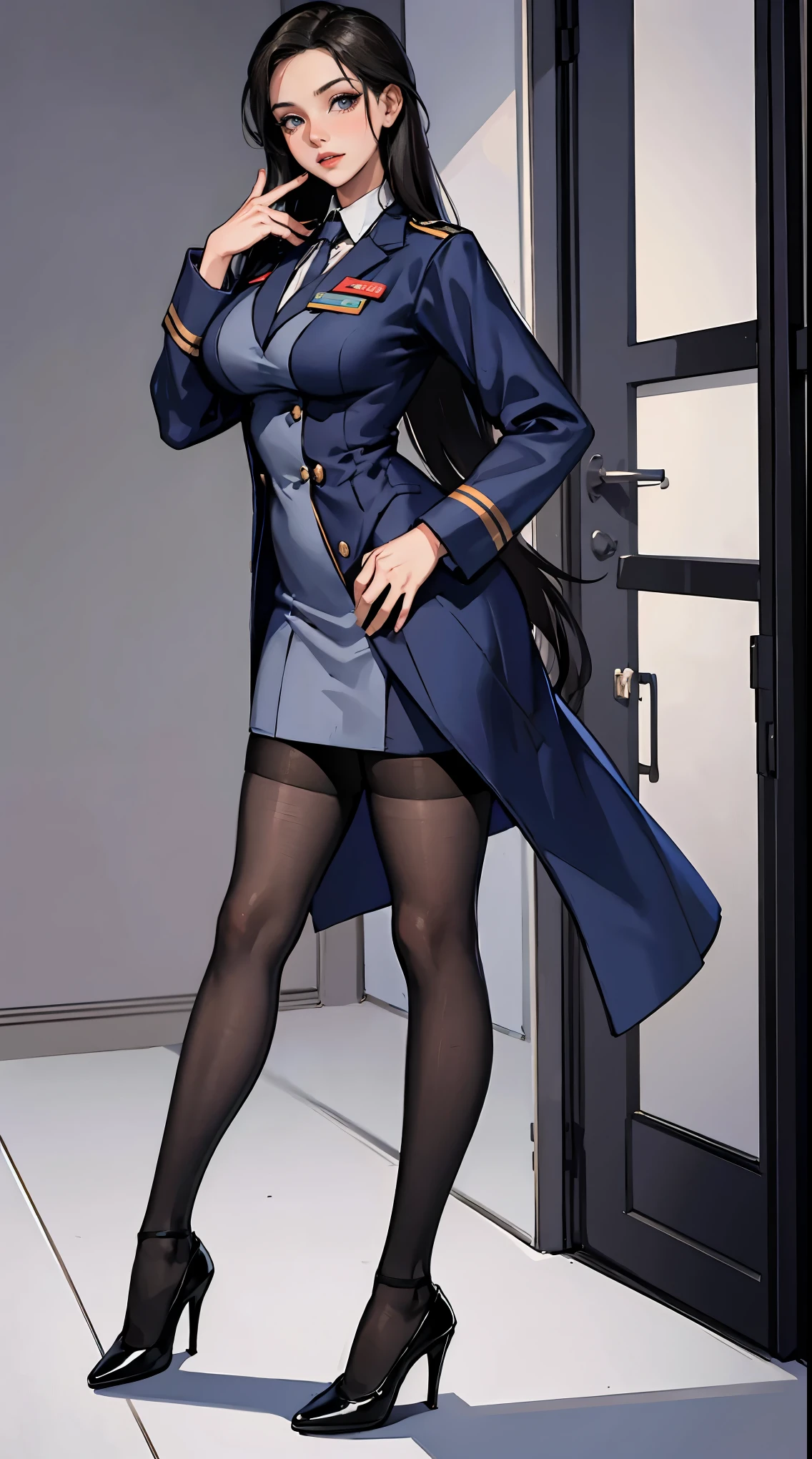 stewardess，Beautuful Women，Stand head-on，full bodyesbian，high-heels，greybackground