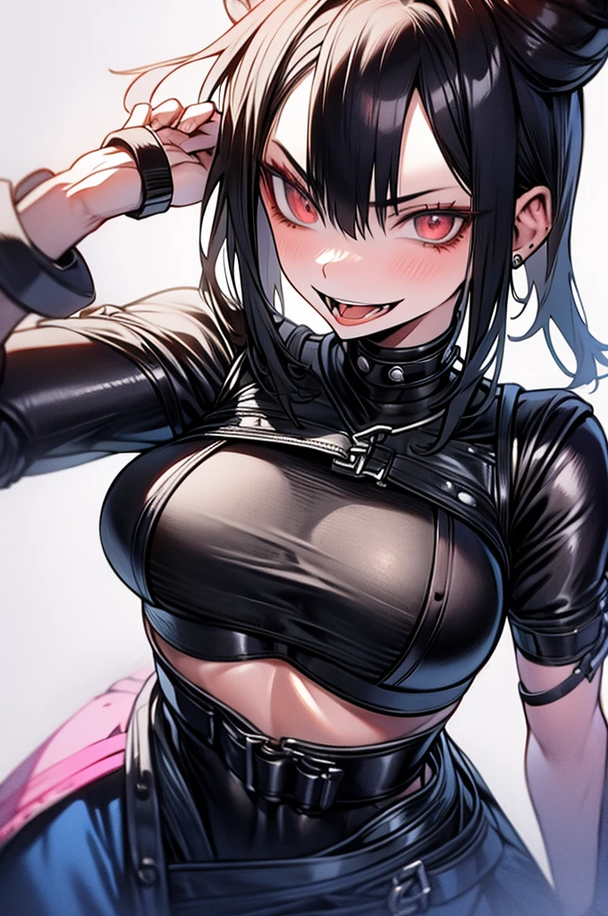 score_9, score_8_superior, score_7_superior, sauce_anime,fubuki, black hair, green eyes, short hair,、,((Partially unbuttoned)),, Sexy pose, Seductive pose, 1 person、chest、Long Hair、Blonde、mask、Bondage Costume、Colored sclera、Face mark、spike、大きなchest、Forehead mark、black sclera、spike付きの首輪、Building district