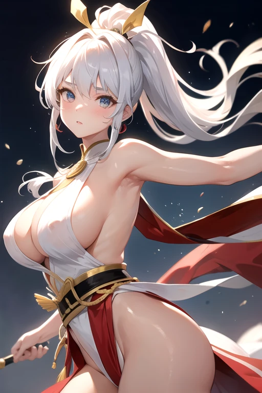 Amenouzume Dancer,ponytail,Dancing vigorously,Large Breasts,Beautiful face,older sister,Clothes that are close to naked,White clothes,18-year-old