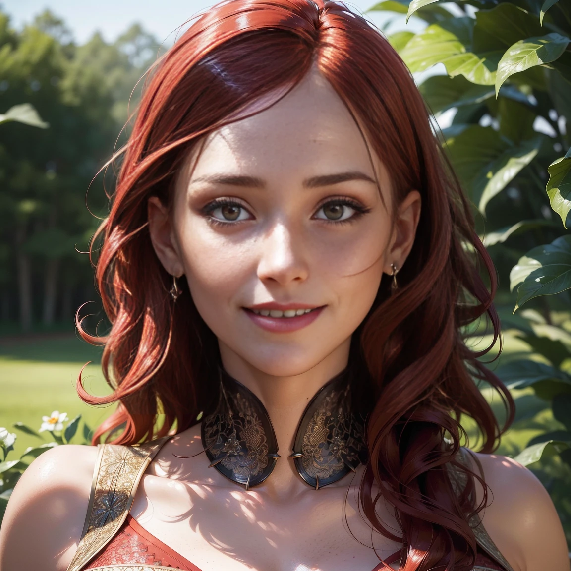 (Detailed face features:1.3), (((1mature woman))), standing wearing a long dress, (close-up photo, face picture), (happyness, face photo, 16k, masterpiece, best quality: 1.2), (high detailed skin), (curly red hair), (smiling, freckles, red eyes, detailed lips)), slim, automatic white balance, (ultra realism, hyper detailed and intricate realism: 1.3), (wide depth of field, radiant mapping: 1.2), High dynamic range, vivid, rich details, clear shadows and highlights, realistic, intense, enhanced contrast, clear outdoor,