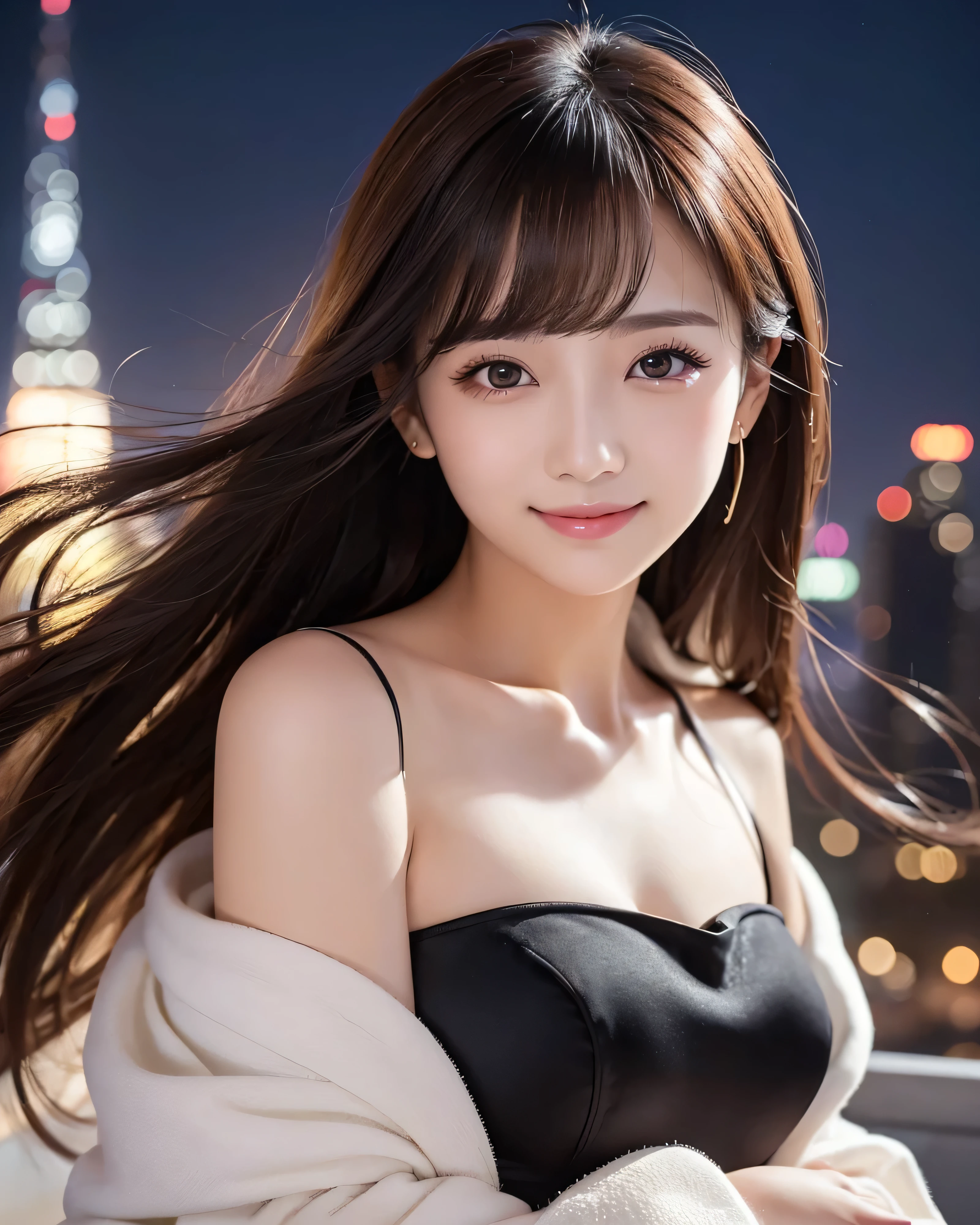 (highest quality, 32k, High resolution, masterpiece:1.5, ), Memorable photos in abstract style, Evoking calming tranquility and elusive beauty, Very rich emotional expression, Have a rich imagination, Beautiful Japanese Girls, ((whole bodyフルショット)), An exceptionally beautiful face, Shiny brown hair, ((Beautifully groomed long hair)), Asymmetrical bangs, Hair between the eyes, Beautifully trimmed, thin eyebrows, Magical big eyes, Moist black eyes, Clear double eyelids, smooth and transparent skin, Pale pink detailed lips, Natural Makeup, Rich expression of emotions, Overflowing Motherhood, Put your love into it, (A gentle smile:1.4), Black silk one-piece dress, High resolutionの美しい太もも, (whole body:1.3), The rooftop of the tallest building, city illumination, Detailed full moon and starry sky, Beautiful moonlight, Professional Lighting, Professional Photographer, Professional models