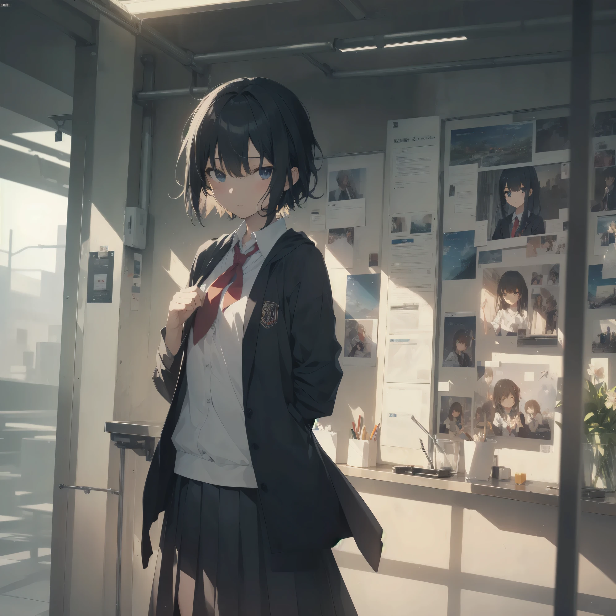 ultra-absurdres-Top quality by artist God, ultra-detailed, high resolution, anime moe artstyle, best anime 8k konachan wallpaper, pixiv contest winner, pool:2810, perfect anatomy,break, 1girl, (Please draw a girl walking sleepily to school alone. )break,(Solo,little female, 13-year-old:1.3),Full limbs, complete fingers,a junior high school student, (very short hair), short cut, flat chest, , small butt, small black eyes, beautiful detailed eyes, well-proportioned iris and pupils, expressive eyes, highres detailed hair, soft expression, school_uniform, neckerchief, collared shirt. pleated skirt,(Detailed Lighting), (Detailed background), in the School commute route. break,super detailed skin, Best cinematic lighting powered by famous artist, 8k,beauty illustration,photoshop_(medium),very aesthetic,break,((artist:sirabi )), artist:bolze ,artist:oyari ashito ,artist:kantoku ,