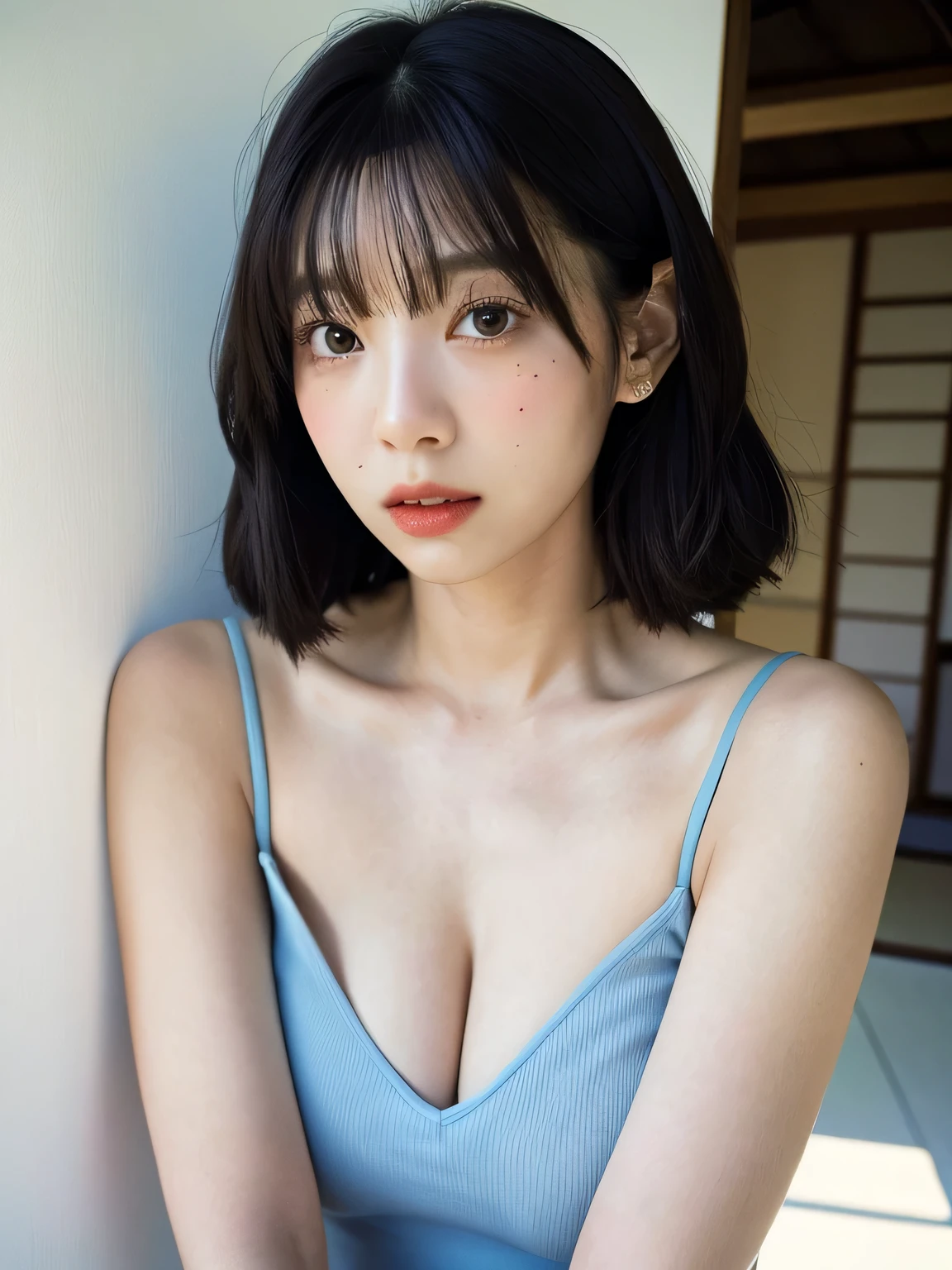 60 year old mature woman、A 、Big Breasts、camisole、(Corridors in Japan、Some of her hair is sky blue:1.4)、White wall、(A room with a white wall and a window)、((highest quality、8k、masterpiece:1.3))、Ultra-high resolution、(photoGenuineistic:1.4)、RAW Photos、Japanese,(Detailed aspect)、Genuine、Photographed in natural light、Highly detailed face and skin texture、Highly detailed lips、The correct state of the human body、Shortcuts、Black Hair、Various poses、Natural color lip