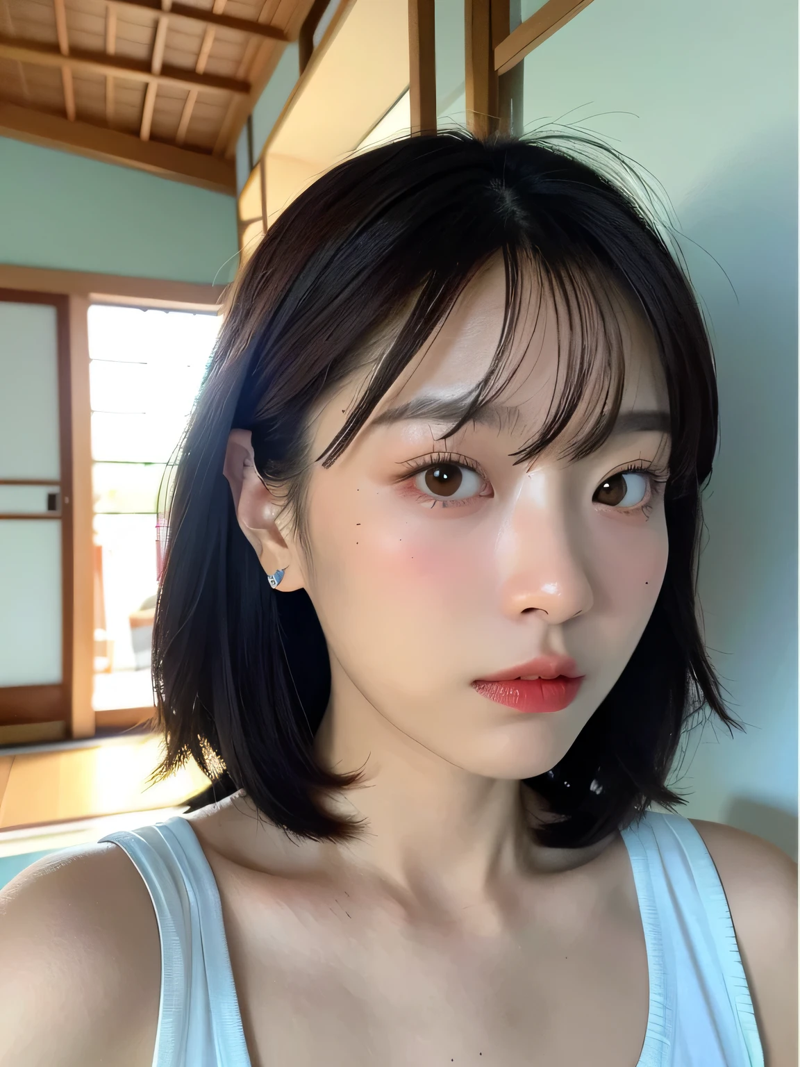 70 year old mature woman、A 、Big Breasts、camisole、(Corridors in Japan、Some of her hair is sky blue:1.4)、White wall、(A room with a white wall and a window)、((highest quality、8k、masterpiece:1.3))、Ultra-high resolution、(photoGenuineistic:1.4)、RAW Photos、Japanese,(Detailed aspect)、Genuine、Photographed in natural light、Highly detailed face and skin texture、Highly detailed lips、The correct state of the human body、Shortcuts、Black Hair、Various poses、Natural color lip