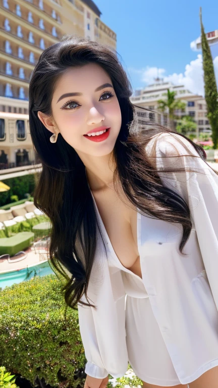 (masterpiece, realistic:1.3), (extremely intricate:1.2), (photorealistic:1.4), (extremely delicate), (ultra realistic:1.3), (modelshoot style), hyperrealistic photography, extremely detailed, 8k wallpaper, UHD, HDR, RAW photo, dslr, hyper realistic, puffy lips, long diamond earrings, (malay beauty indoasia mixed:1.2), (realistic skin:1.4), (sweaty:1.1), thick thighs:1.1, narrow :1.1), long black hair, straight hair:1.3), red_eyeshadow, red lips, tongue out, mouth open, eyes_smile, (almost off clothes:1.2), (sunlight_on_front_face:1.3), makeup, ultra detailed irises, perfect eyes, perfect face, detailed face, (A picture of a girl and hotel:1.5), (full body:1.5)