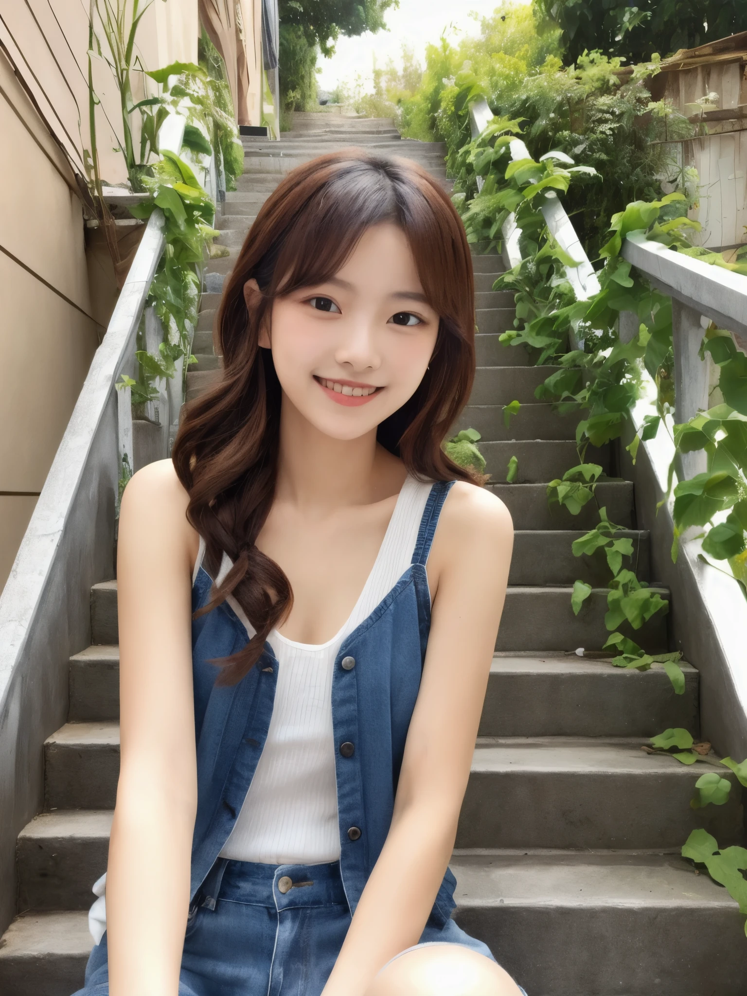 (best quarity,ultra detailed,ultra-high-resolution, 8k, masterpiece), (from front:2.0), very-cute-and-beautiful-anime-girl,highly-detailed-face-and-eyes,smile, sitting on Long Staircase, port city, drinking ice-coffee, tribal_tatoos, gradation hair, wavy hair, hairpins, windy, wearing stylish tanktop clothes, small backpack, plants, flowers, blue sky,