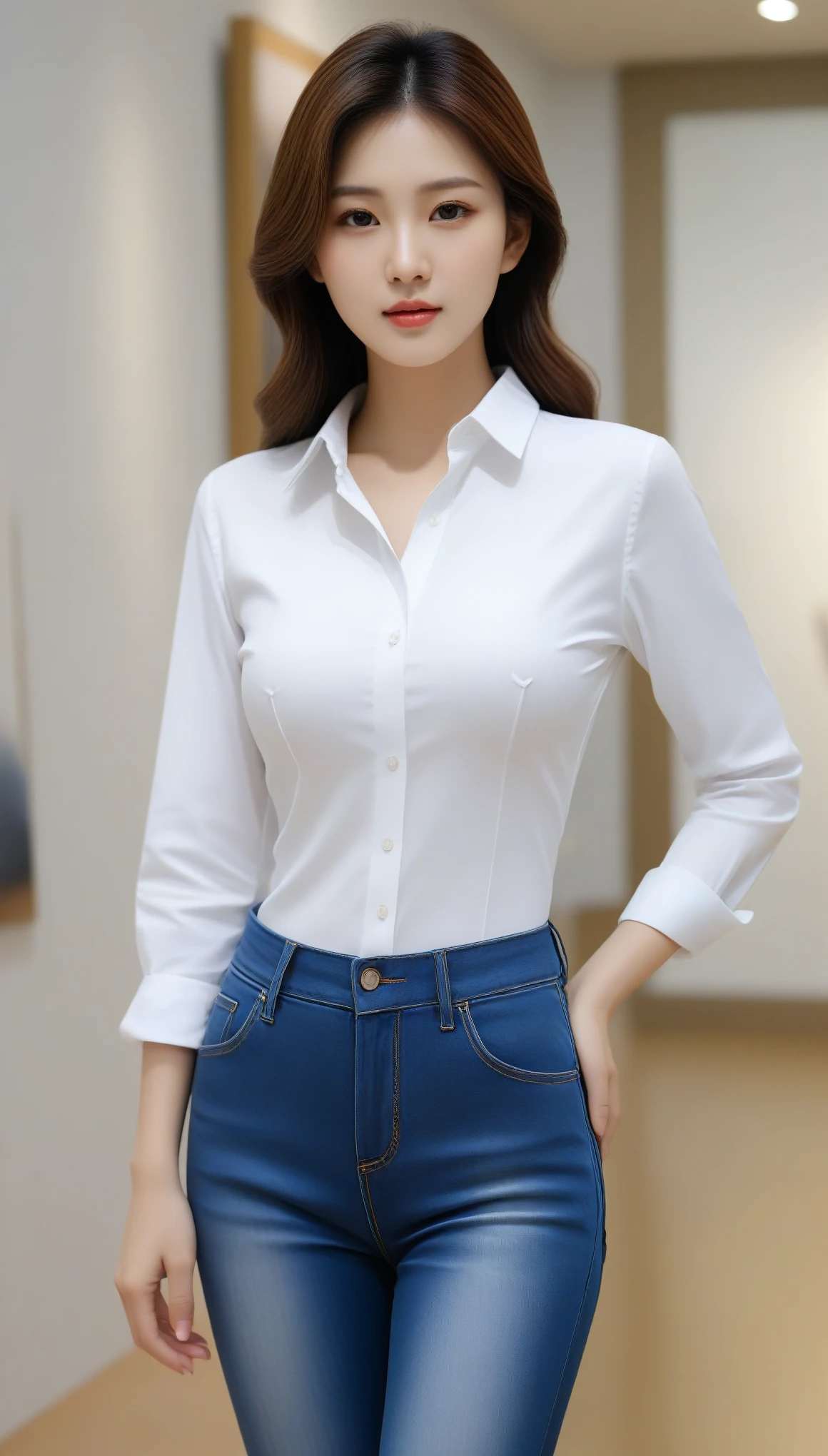close-up of beautiful korean female, 34 inch breasts size, wearing rolled sleeves long sleeve shirt,  jeans pants, in the art gallery hall, UHD