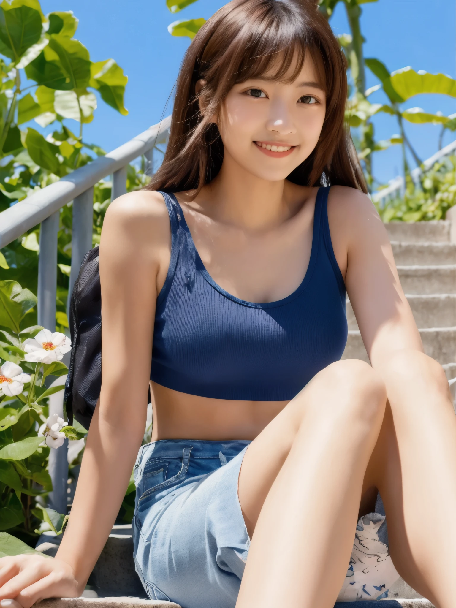 woman posing on the street、Highest quality、女の子 1 people々、Small breasts、Tag、Shine、Blur the background、Bokeh、Outside the house、(street:0.8)、(people々々、大勢のpeople々gathers:1、thin、high school girl、High-leg denim shorts、White bra、（Damaged Denim Shorts)、((Wearing sneakers barefoot)), Long Hair、Belly button piercing, amount:0.8、Beautiful sky depicted in detail、Earrings、thin、Saleme、Soft lighting、Wind、Shine肌、Laughter、Windが吹いている、smile、big smile, Open your mouth