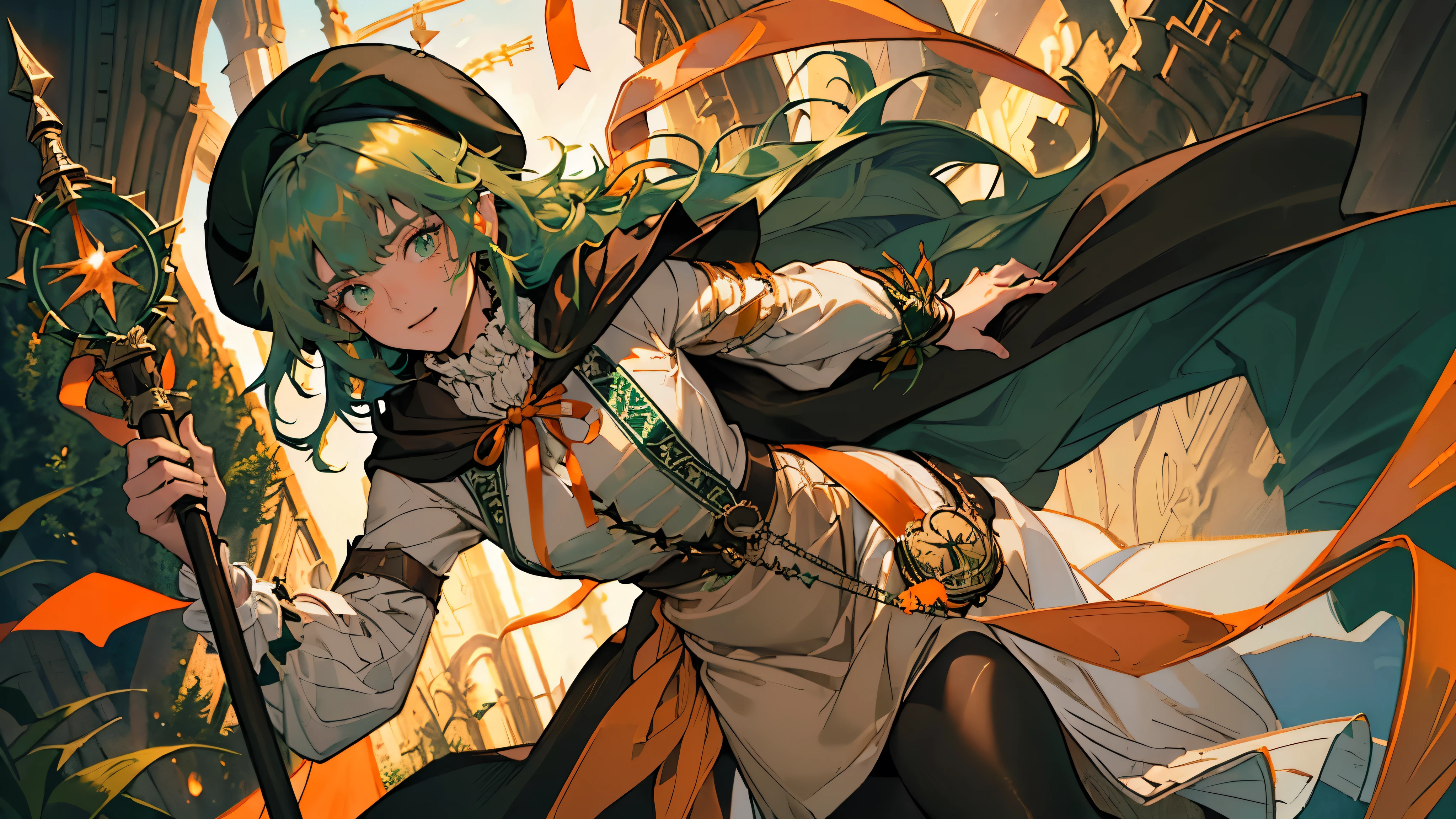 masterpiece, ultra detailed, 8K Portrait, Raw photo, a portrait photo of, Highly detailed face, beautiful and meticulous eyes, ((Fantasy)), Young beautiful, 22 years old, smile, dynamic pose, (Long Straight deep green hair:1.5), (One side is woven with orange ribbon:1.5), blunt bangs, (beret:1.5), White skin color, Luxury, hooded (dark brown silk long cloak:1.5) fluttering in the wind, (white dressed shirt), (maxi skirt:1.2), (dark thigh high tights:1.5), high cut leather boots, (lift up long magical staff:1.2), ((equip a pocket watch)), Body model, Small breasts, Beautiful breasts, Long legs, morning Sun, Hyper realistic, in a castle, Ambient lighting, Shadow details, strong breeze, Light fog