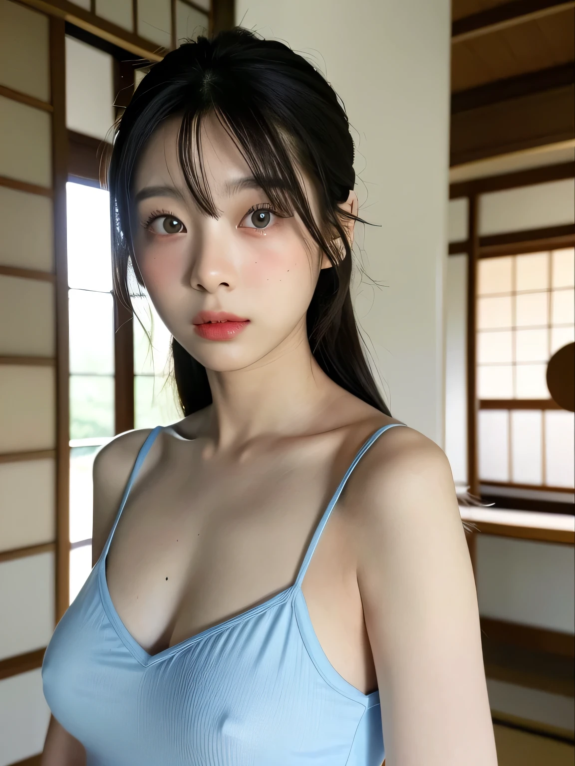 A woman in her 50s、five〇age、A little old、Big Breasts、camisole、(Corridors in Japan、Some of her hair is sky blue:1.4)、White wall、(A room with a white wall and a window)、((highest quality、8k、masterpiece:1.3))、Ultra-high resolution、(photoGenuineistic:1.4)、RAW Photos、Japanese,(Detailed aspect)、Genuine、Photographed in natural light、Highly detailed face and skin texture、Highly detailed lips、The correct state of the human body、Shortcuts、Black Hair、Various poses、Natural color lip、Upper Body、At 50 years old