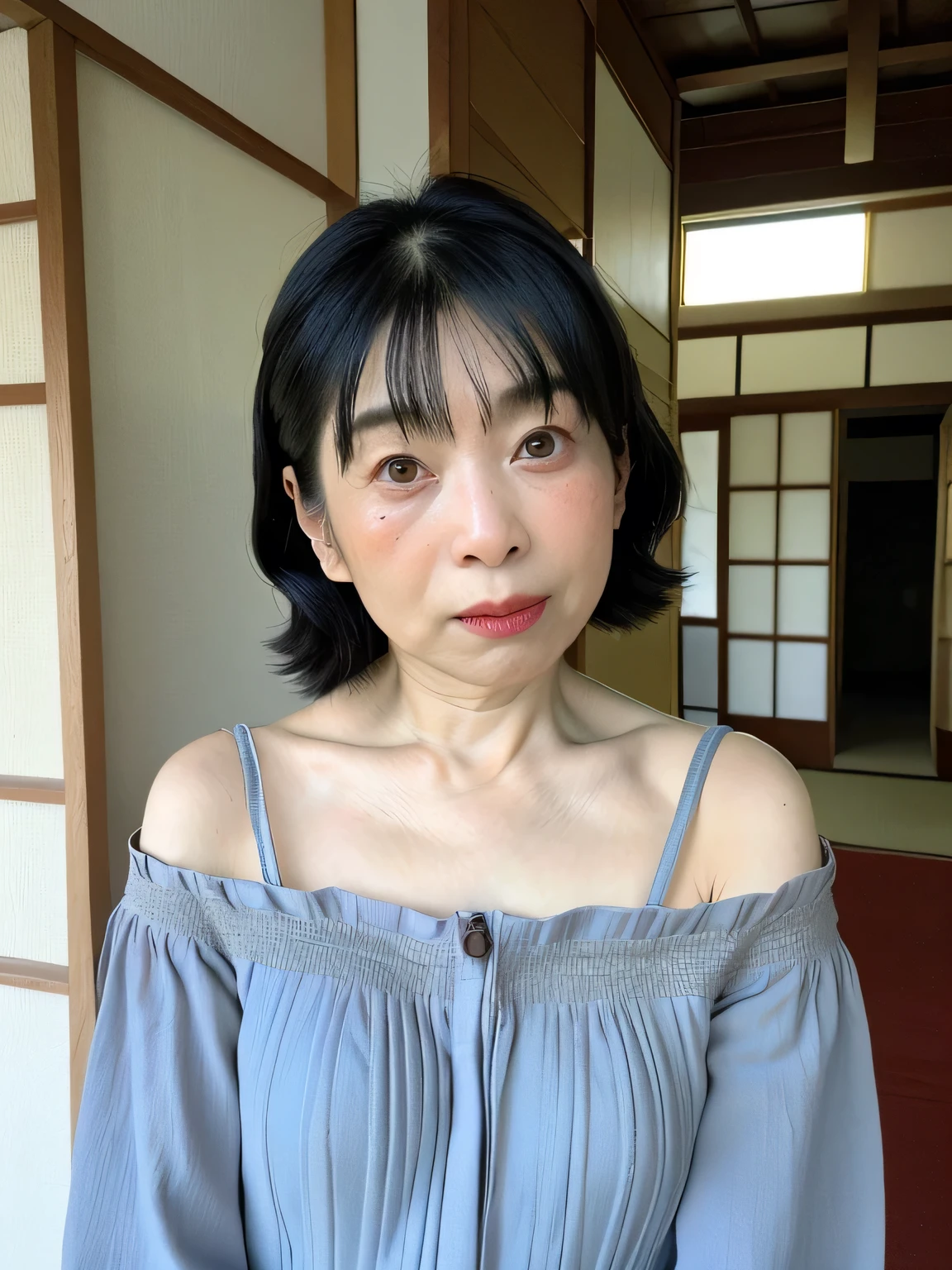 A woman in her 50s、five〇age、A old、Big Breasts、camisole、(Corridors in Japan、Some of her hair is sky blue:1.4)、White wall、(A room with a white wall and a window)、((highest quality、8k、masterpiece:1.3))、Ultra-high resolution、(photoGenuineistic:1.4)、RAW Photos、Japanese,(Detailed aspect)、Genuine、Photographed in natural light、Highly detailed face and skin texture、Highly detailed lips、The correct state of the human body、Shortcuts、Black Hair、Various poses、Natural color lip、Upper Body、At 50 years old