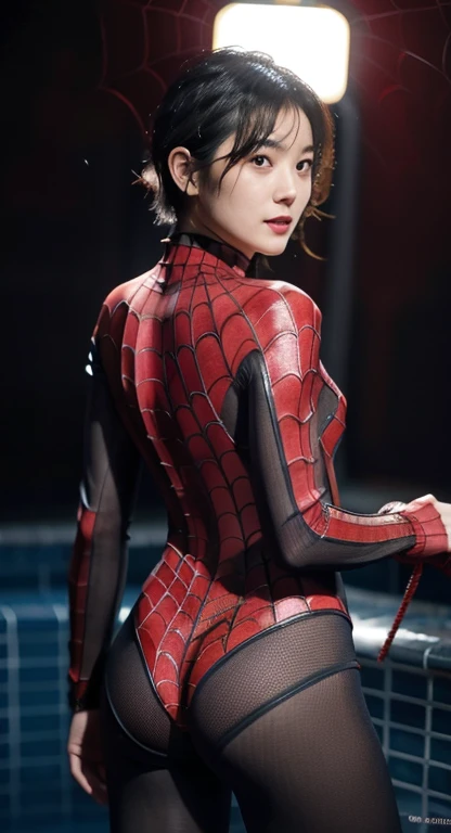 Anatomically normal, professional top lighting, 40 year old Japanese woman, Saito Yuki 70%, Naturally wet short hair, detailed eyes, wet short hair,dark night studio background, sticking out butt, back curvy ass, ((Wearing a Spiderman see-through suit that reveals her body, See-through material suit)),show tits, no anime, Full body visible without cutting, Looking at the viewer in front, no nsfw