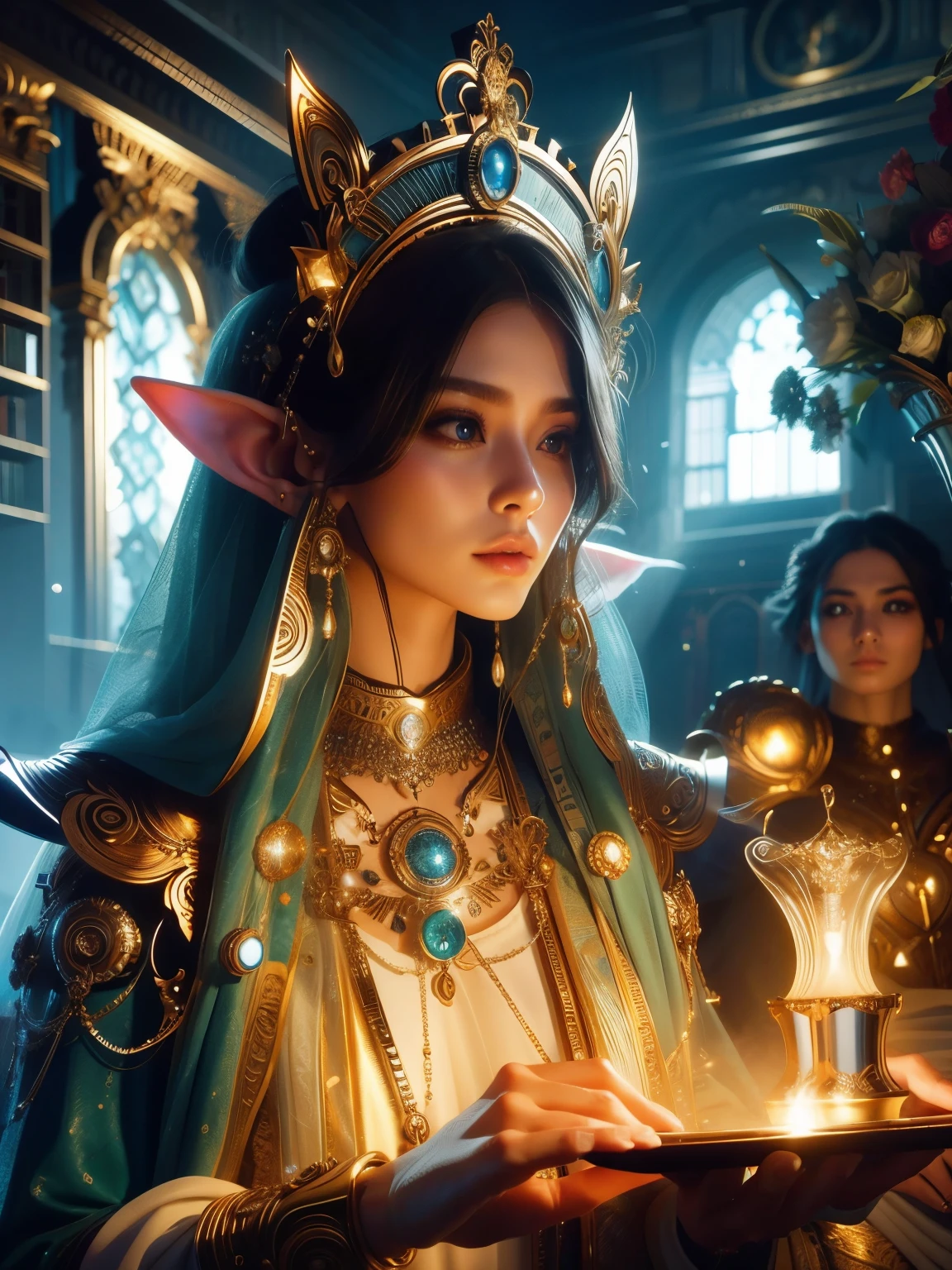 (Best quality, 4k, High-resolution, Masterpiece:1.2), Ultra-detailed, Realistic, Radiant lighting, Epoch Elves, Portraits, Fantastical colors, Fine art, Ethereal beings, Dreamlike, Whimsical creatures, Detailed facial features, Glowing eyes, Elven beauties, Ethereal glow, Mythical creatures, Harmonious composition, Dazzling colors, Stunning visual effects, Otherworldly appearance, Mesmerizing artistry,