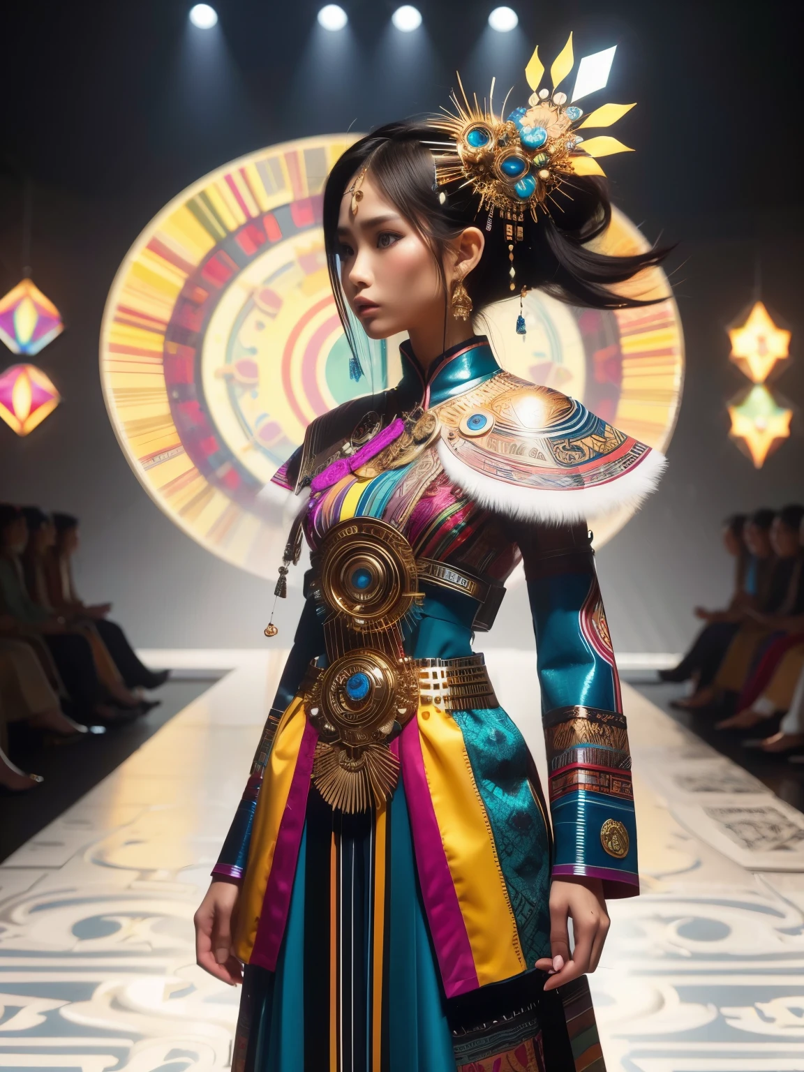 An Indonesian-styled futuristic suit worn by a girl depicting cultural fusion and modern fashion. The suit is adorned with intricate patterns and vibrant colors, showcasing the rich heritage of Indonesia. The girl stands confidently in a dynamic pose, with her detailed eyes reflecting determination and curiosity. The suit's material is a combination of traditional textiles and futuristic synthetic fabrics, giving it a unique and avant-garde appearance. The overall image quality is of the highest standard, with sharp focus and ultra-detailed rendering. The artwork employs physically-based rendering techniques, resulting in realistic lighting and shadows. The colors are vivid and vibrant, capturing the essence of Indonesian cultural aesthetics. The background features a fusion of modern architecture and traditional elements, creating a harmonious blend of the past and the future. The prompt explores the intersection of Indonesian culture, futuristic design, and the artistic representation of a confident girl