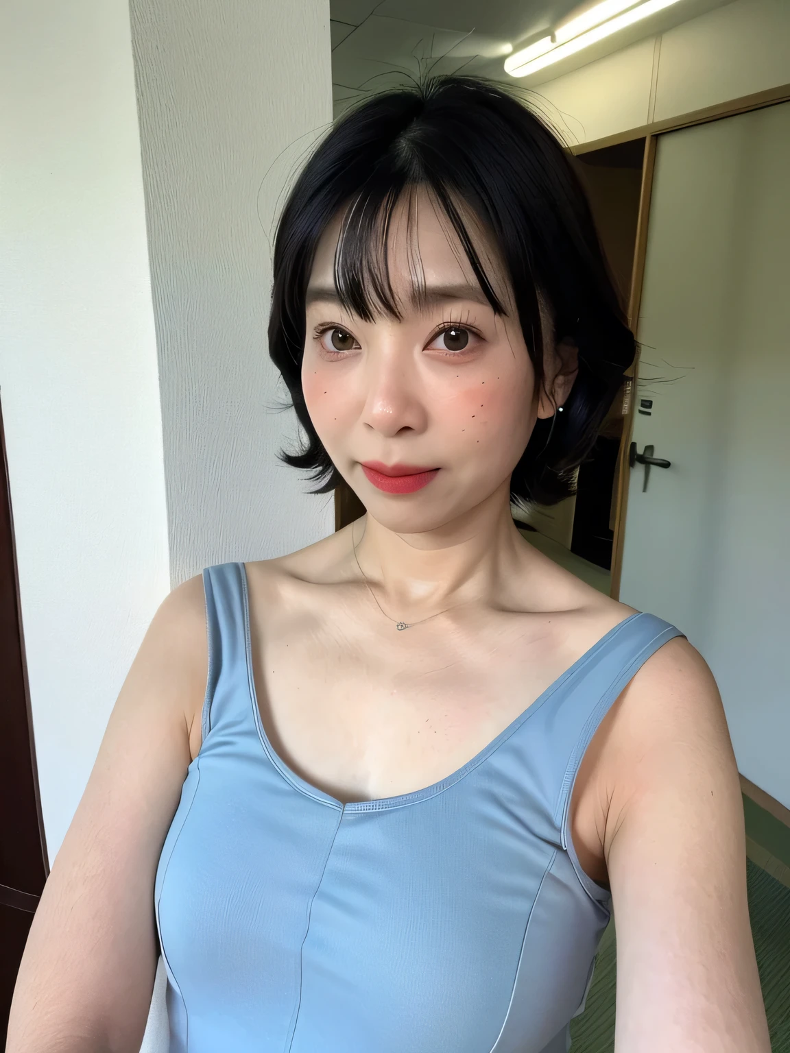 One 50-year-old woman、smile、Big Breasts、camisole、(Corridors in Japan、Some of her hair is sky blue:1.4)、White wall、(A room with a white wall and a window)、((highest quality、8k、masterpiece:1.3))、Ultra-high resolution、(photoGenuineistic:1.4)、RAW Photos、Japanese,(Detailed aspect)、Genuine、Photographed in natural light、Highly detailed face and skin texture、Highly detailed lips、The correct state of the human body、Shortcuts、Black Hair、Various poses、Natural color lip、Upper Body、Beautiful pose、Arms raised pose